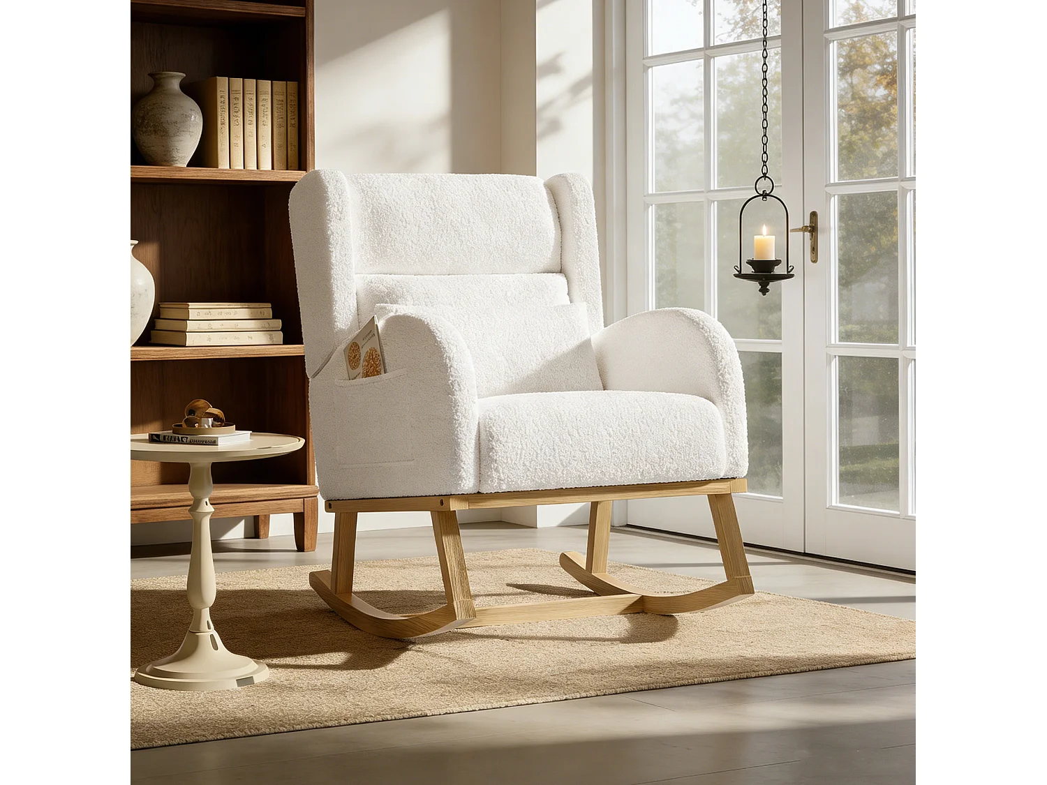 Fauteuil à bascule, rocking chair en Teddy velours, rembourré ergonomique, avec soutien lombaire et siège extra-épais, 2 poches latérales et dossier haut -beige