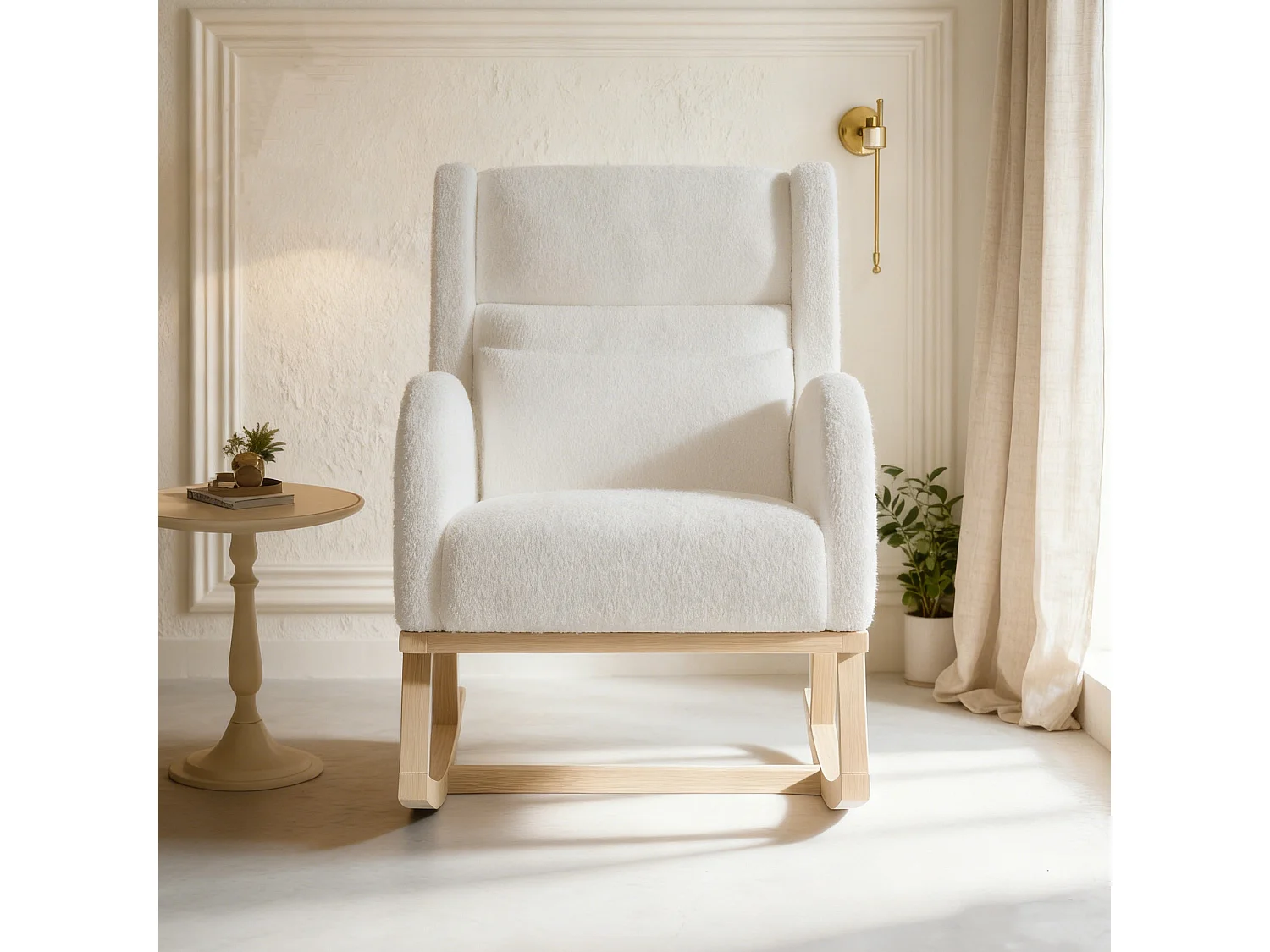 Fauteuil à bascule, rocking chair en Teddy velours, rembourré ergonomique, avec soutien lombaire et siège extra-épais, 2 poches latérales et dossier haut -beige