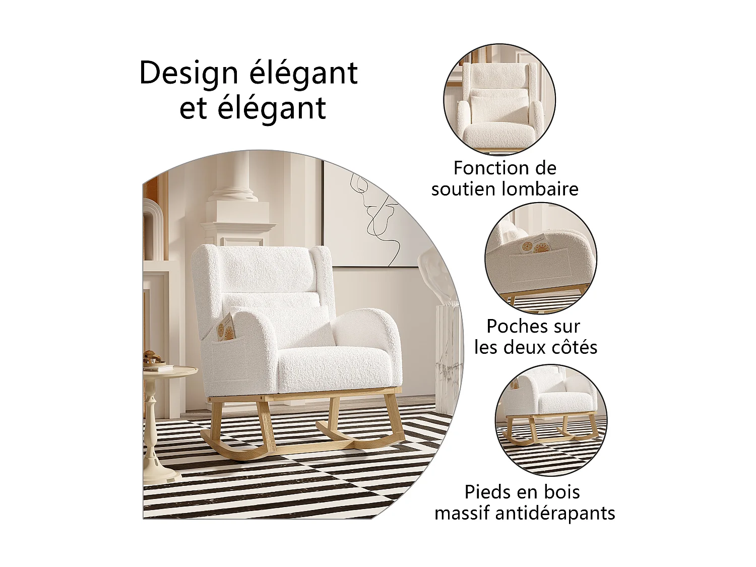 Fauteuil à bascule, rocking chair en Teddy velours, rembourré ergonomique, avec soutien lombaire et siège extra-épais, 2 poches latérales et dossier haut -beige