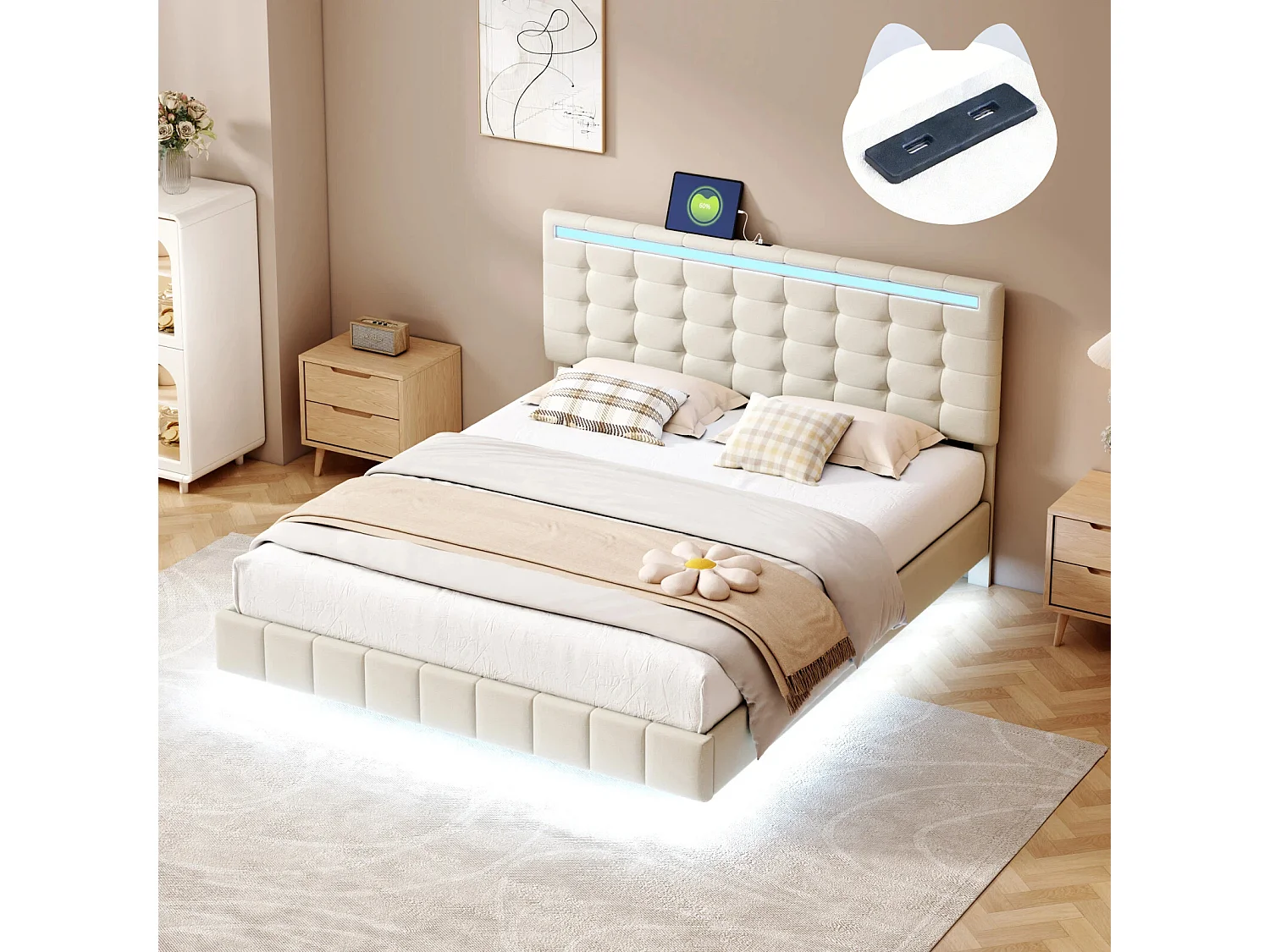 Lit adulte 160x200 cm avec LED et sommier à lattes, tête de lit réglable, lit flottant 160x200 cm, tissu en lin, beige