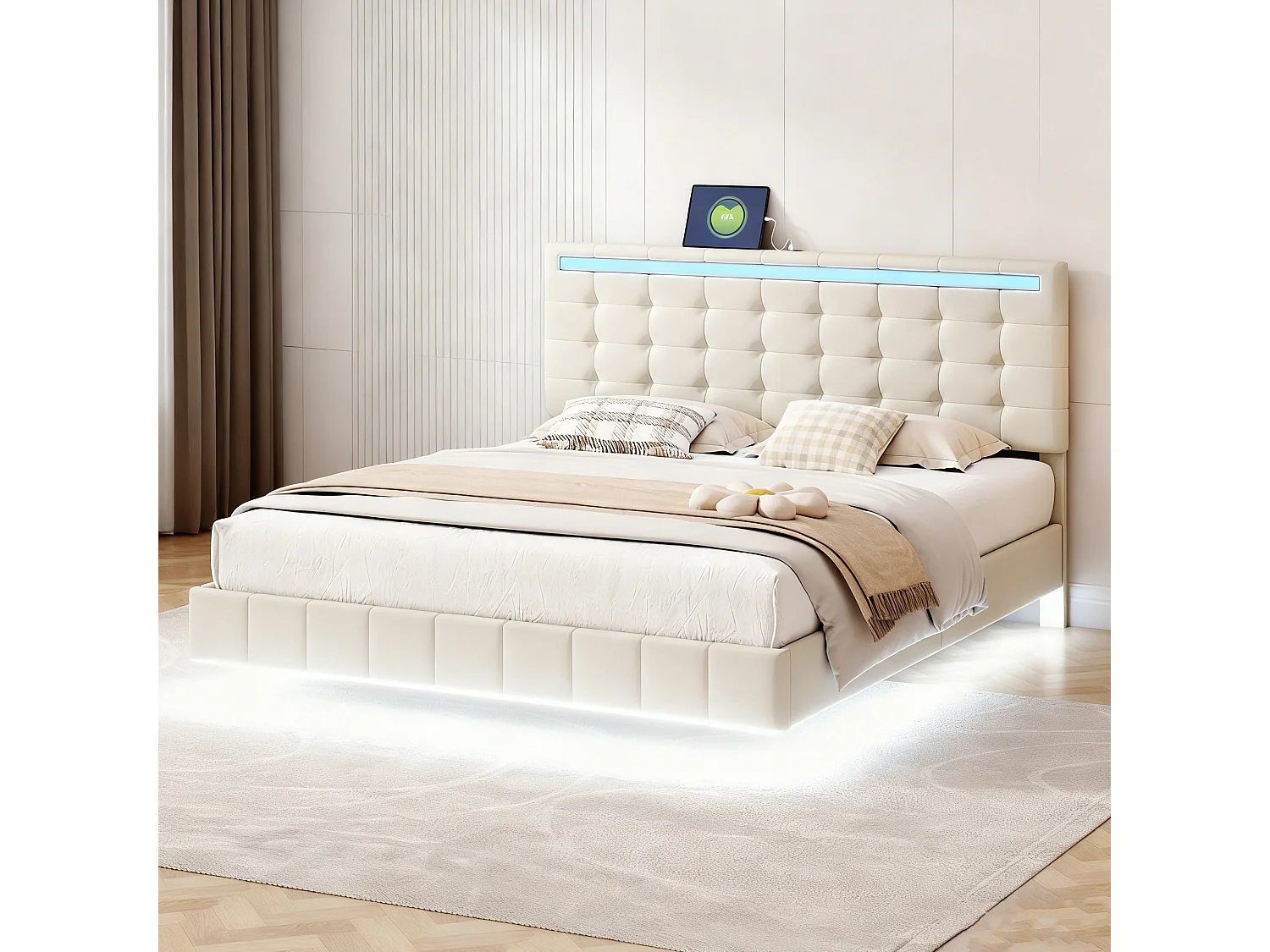 Lit adulte 160x200 cm avec LED et sommier à lattes, tête de lit réglable, lit flottant 160x200 cm, tissu en lin, beige