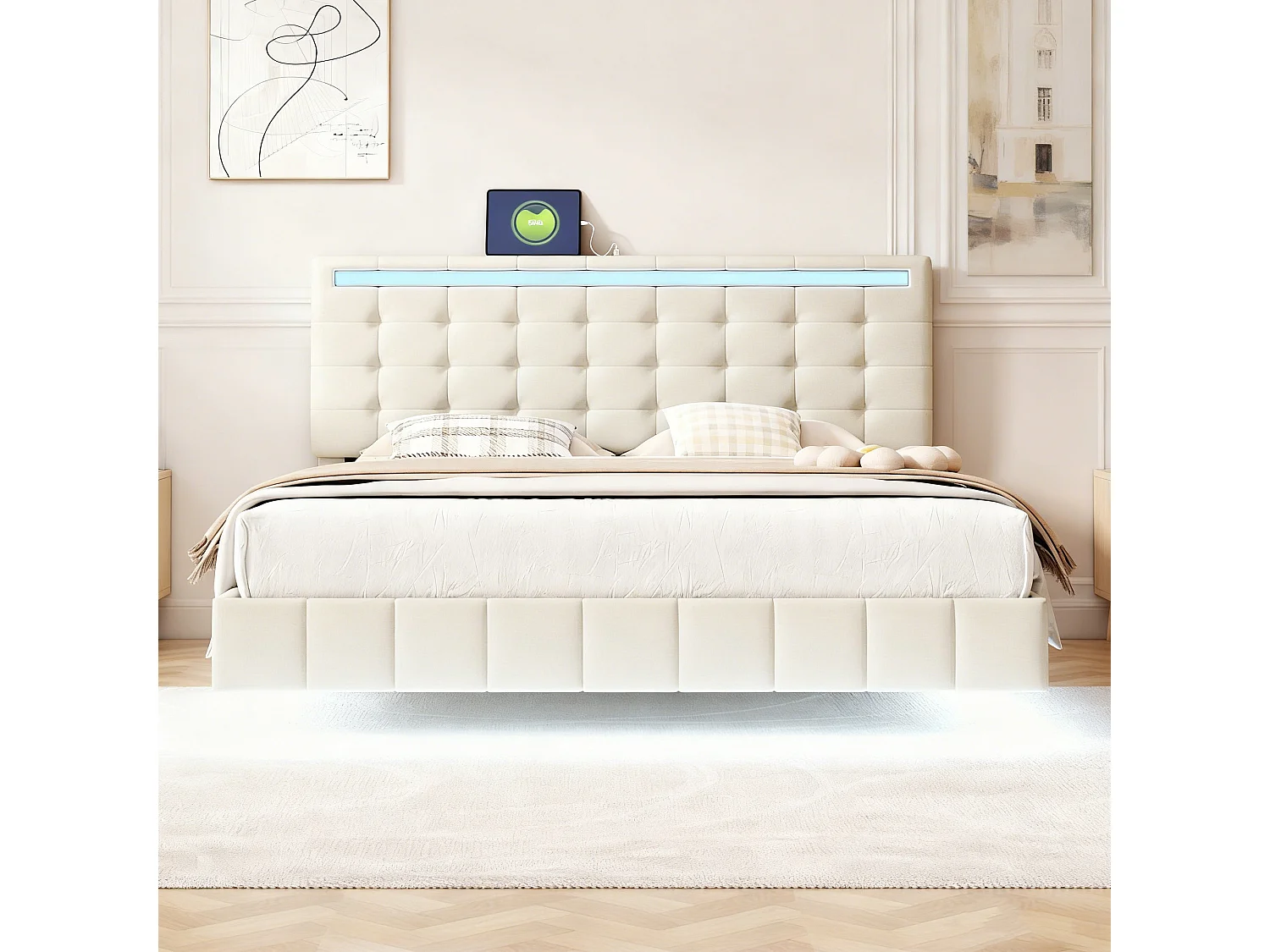 Lit adulte 160x200 cm avec LED et sommier à lattes, tête de lit réglable, lit flottant 160x200 cm, tissu en lin, beige