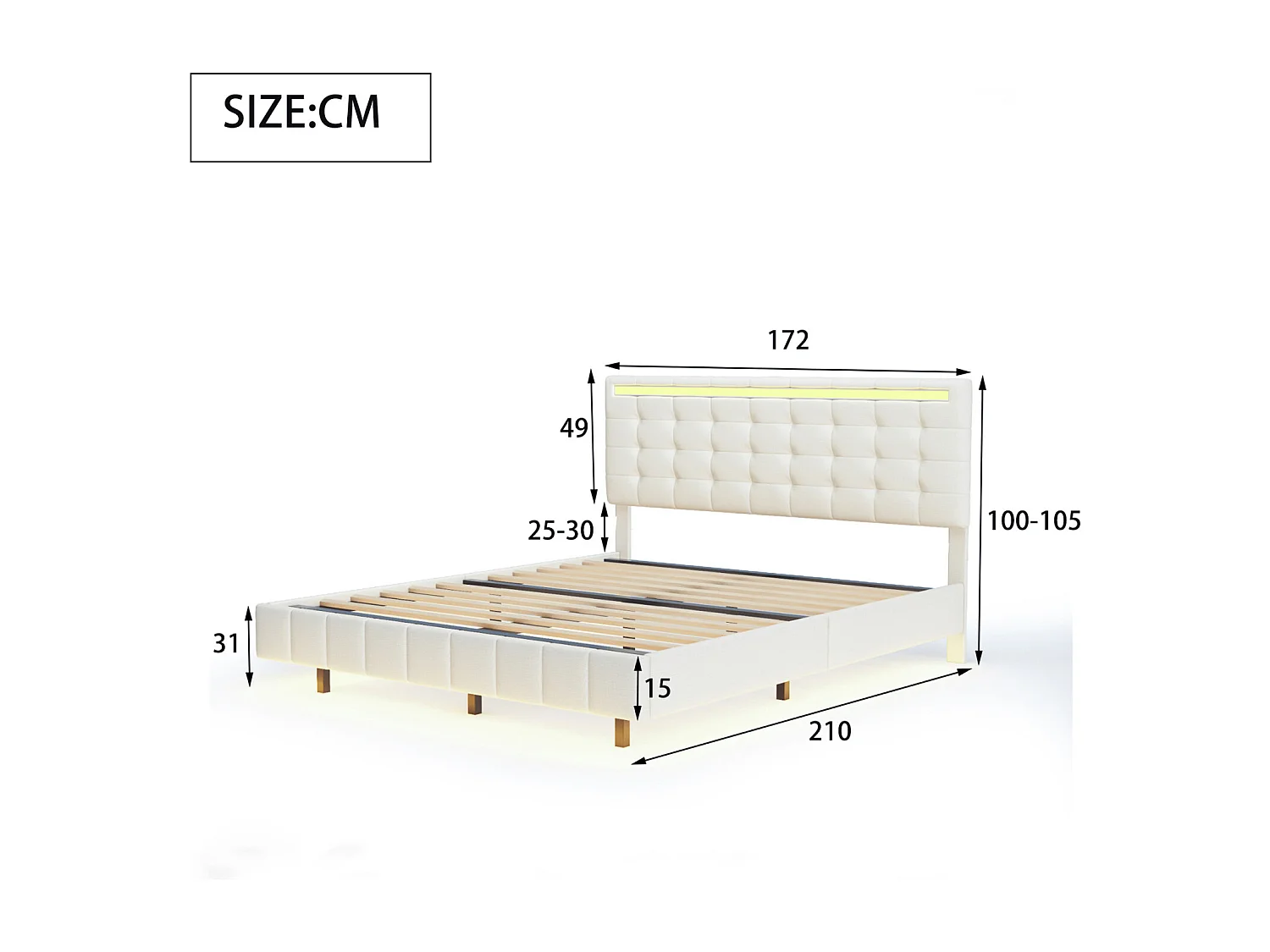 Lit adulte 160x200 cm avec LED et sommier à lattes, tête de lit réglable, lit flottant 160x200 cm, tissu en lin, beige