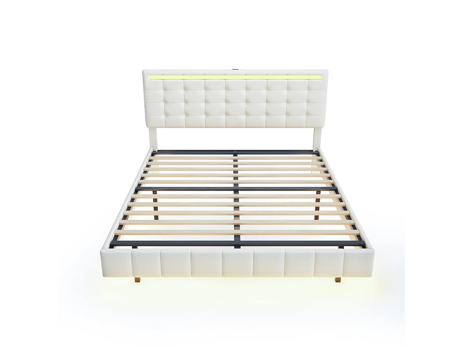 Lit flottant 160x200 cm en tissu lin beige - Lit adulte avec tête de lit réglable, sommier à lattes et éclairage LED intégré