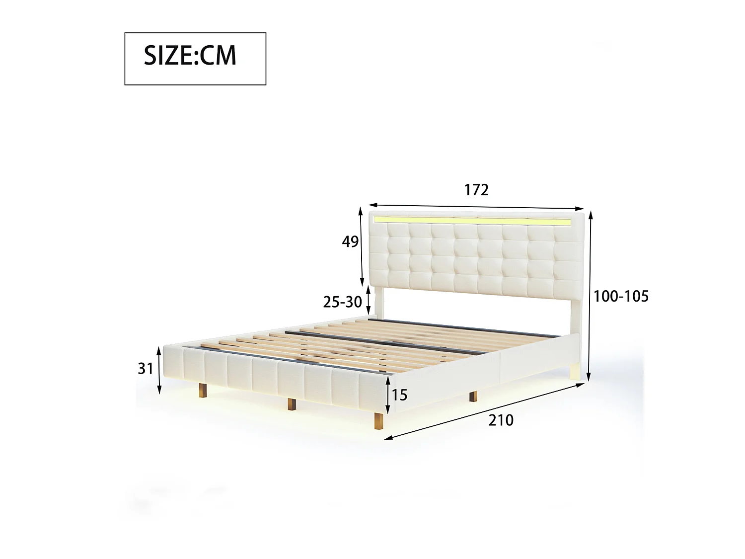 Lit flottant 160x200 cm en tissu lin beige - Lit adulte avec tête de lit réglable, sommier à lattes et éclairage LED intégré