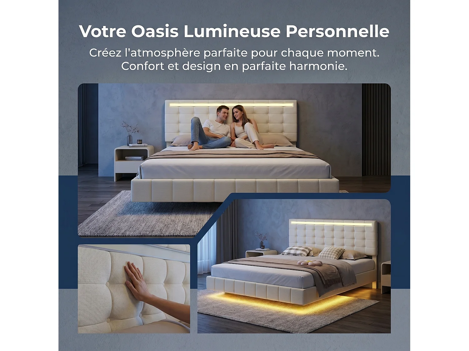 Lit flottant 160x200 cm en tissu lin beige - Lit adulte avec tête de lit réglable, sommier à lattes et éclairage LED intégré