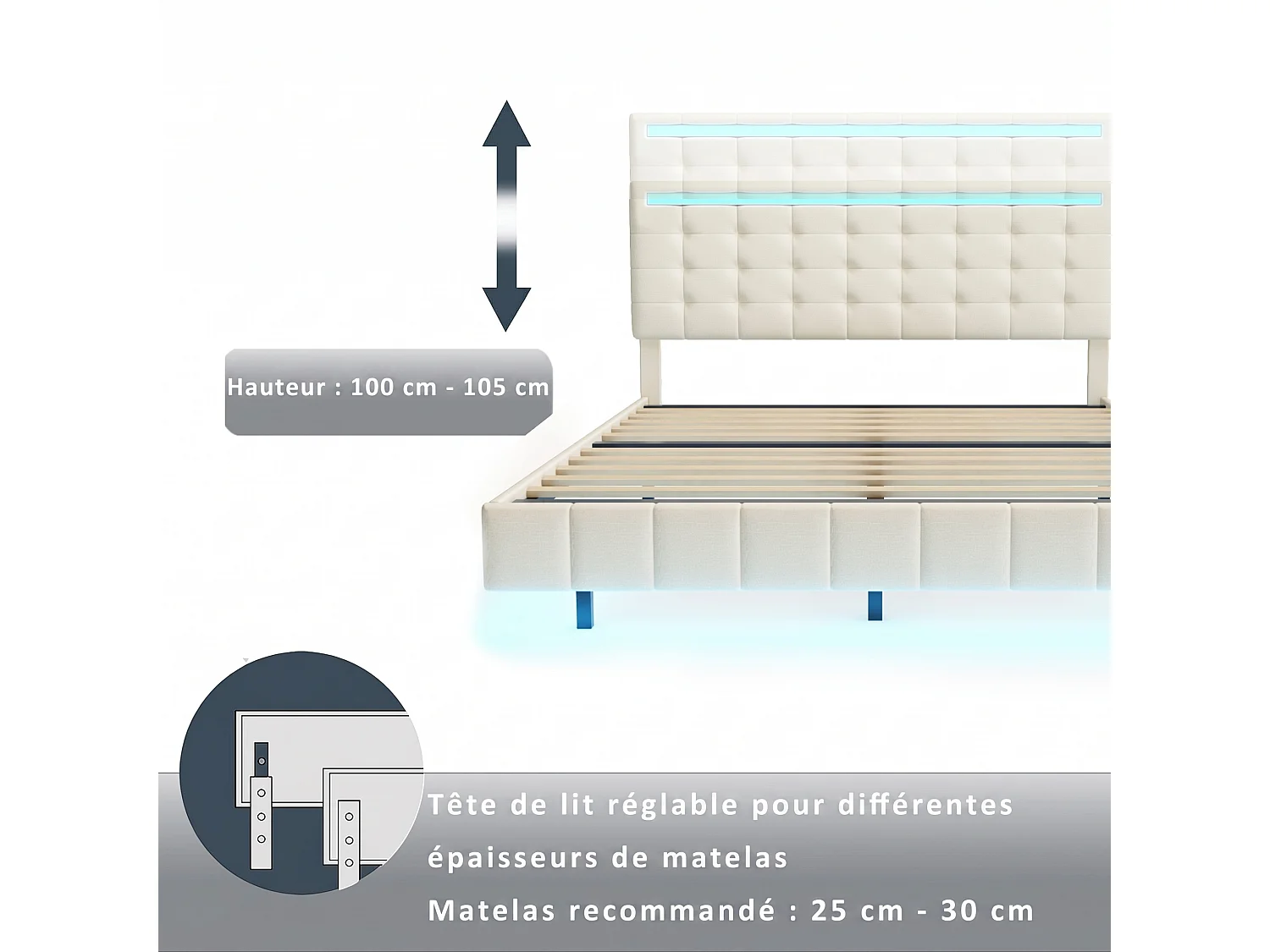 Lit flottant 160x200 cm en tissu lin beige - Lit adulte avec tête de lit réglable, sommier à lattes et éclairage LED intégré