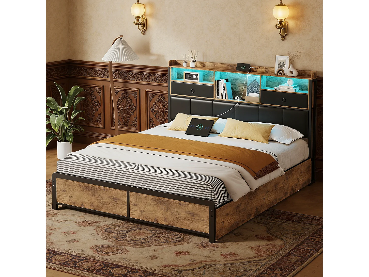 IJzeren bed 140x200 cm met lattenbodem - LED en USB - stoffen lade aan het hoofdeinde - gestoffeerd met PU - Zwart en bruin