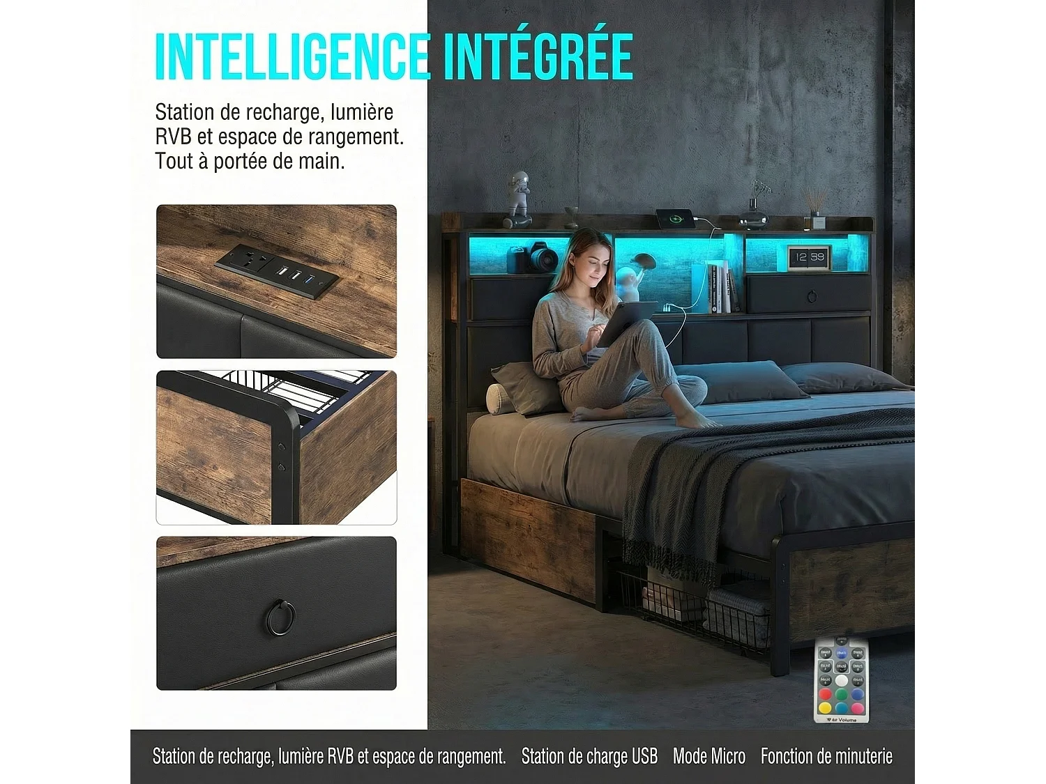 lit en fer 140x200 cm avec sommier à lattes - LED et USB - tiroir en tissu à la tête du lit - capitonné en PU - Noir et brun