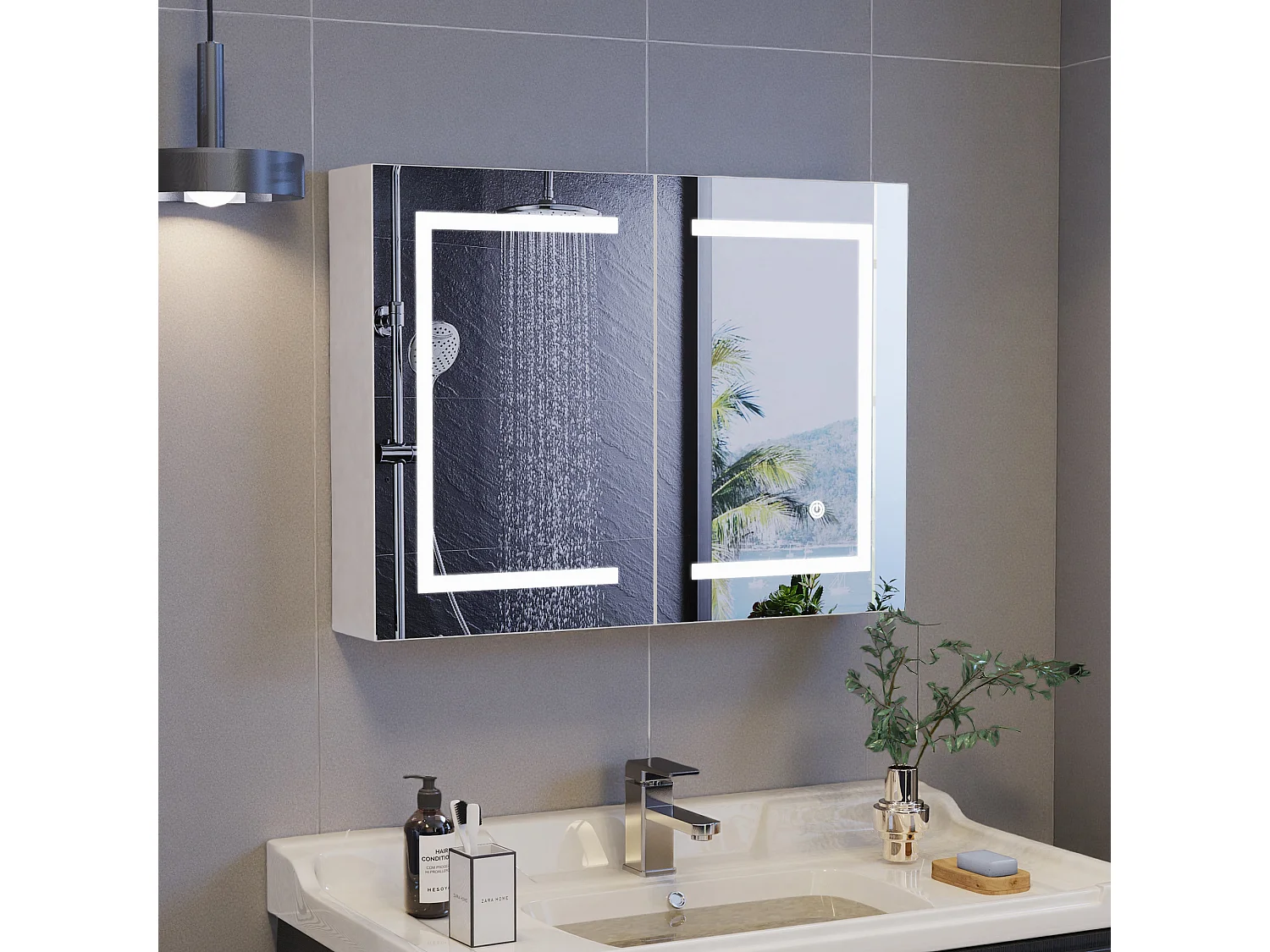 Badkamerwandkast met verlichte spiegel en ledverlichting, verstelbare plank van gehard glas, vochtbestendig, 80x60x13 cm, wit