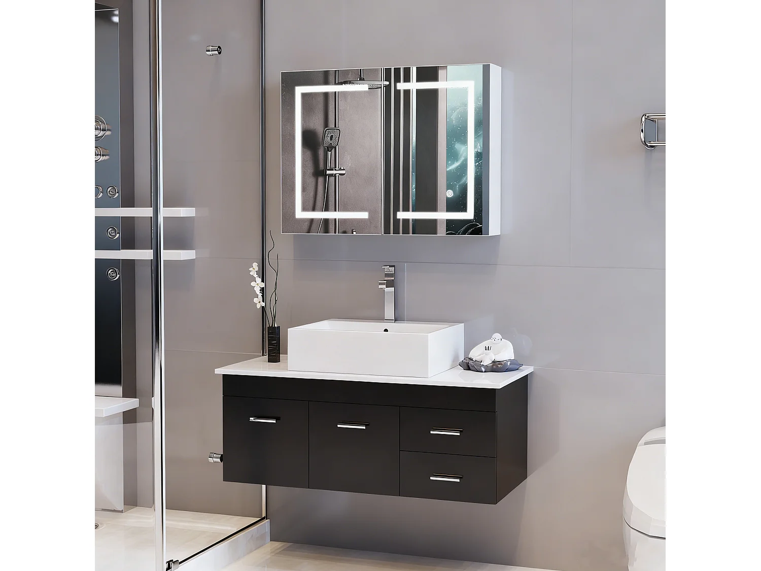 Badkamerwandkast met verlichte spiegel en ledverlichting, verstelbare plank van gehard glas, vochtbestendig, 80x60x13 cm, wit