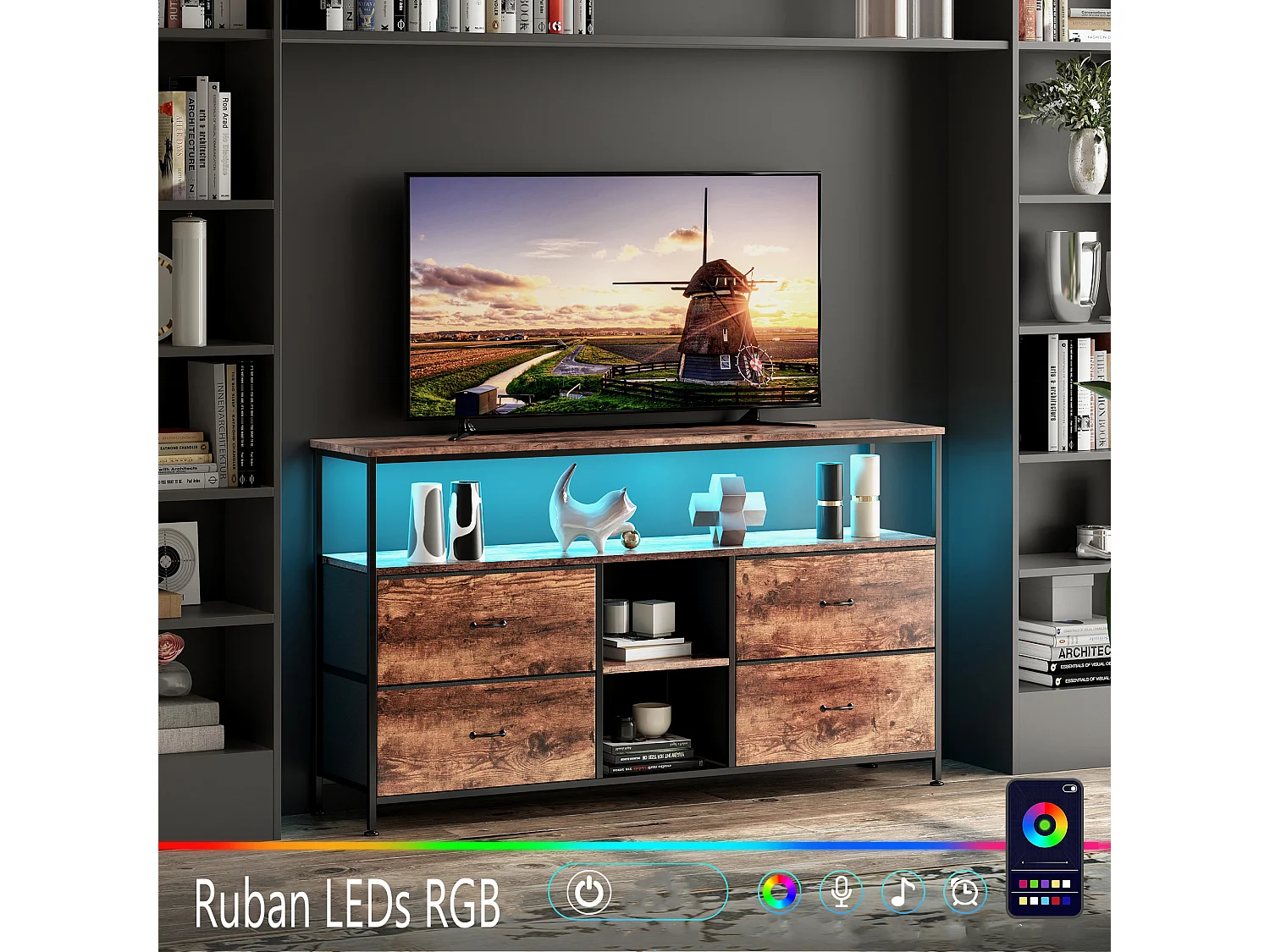 Meuble TV avec 4 tiroirs et 3 étagère - LEDs - Acier - 108x76x29 cm - Style Industriel - grain de bois
