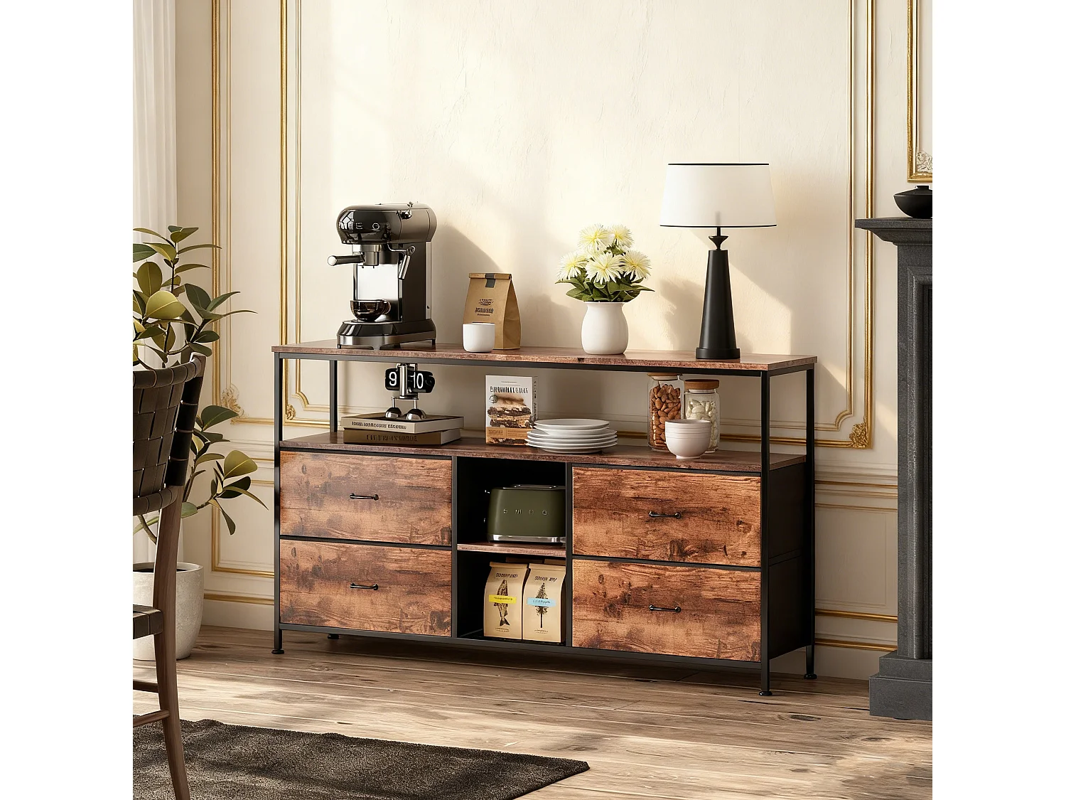 Meuble TV avec 4 tiroirs et 3 étagère - LEDs - Acier - 108x76x29 cm - Style Industriel - grain de bois