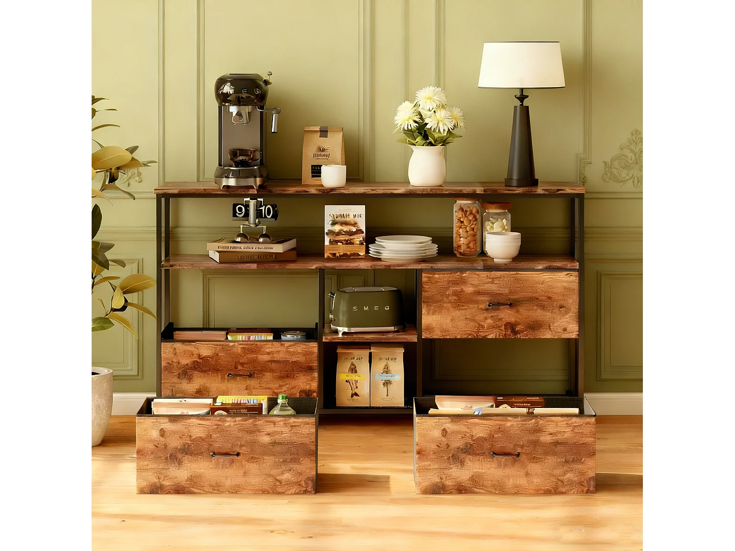 Meuble TV avec 4 tiroirs et 3 étagère - LEDs - Acier - 108x76x29 cm - Style Industriel - grain de bois