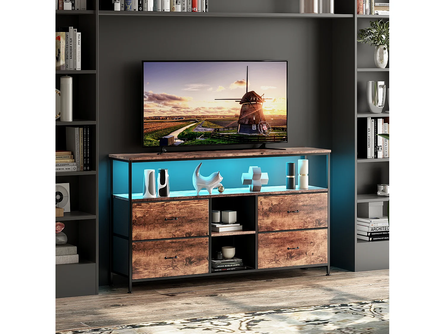 TV-meubel met 4 lades en 3 planken - LED - Staal - 108x76x29 cm - Industriële stijl - Houtnerf