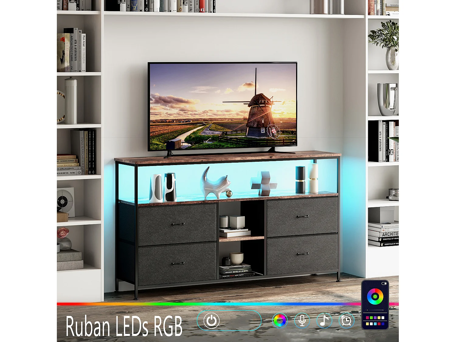 Meuble TV avec 4 tiroirs et 3 étagère - LEDs - Acier - 137x78x29 cm - Style Industriel - noir