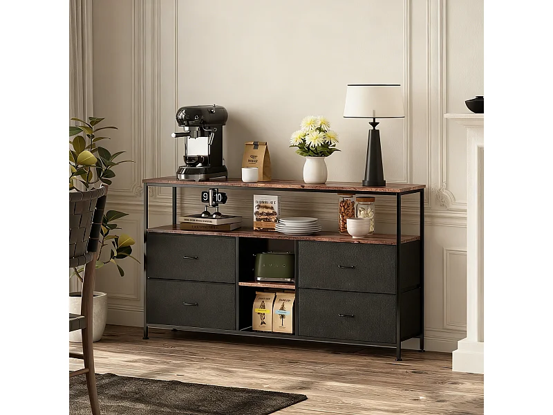 Meuble TV avec 4 tiroirs et 3 étagère - LEDs - Acier - 137x78x29 cm - Style Industriel - noir