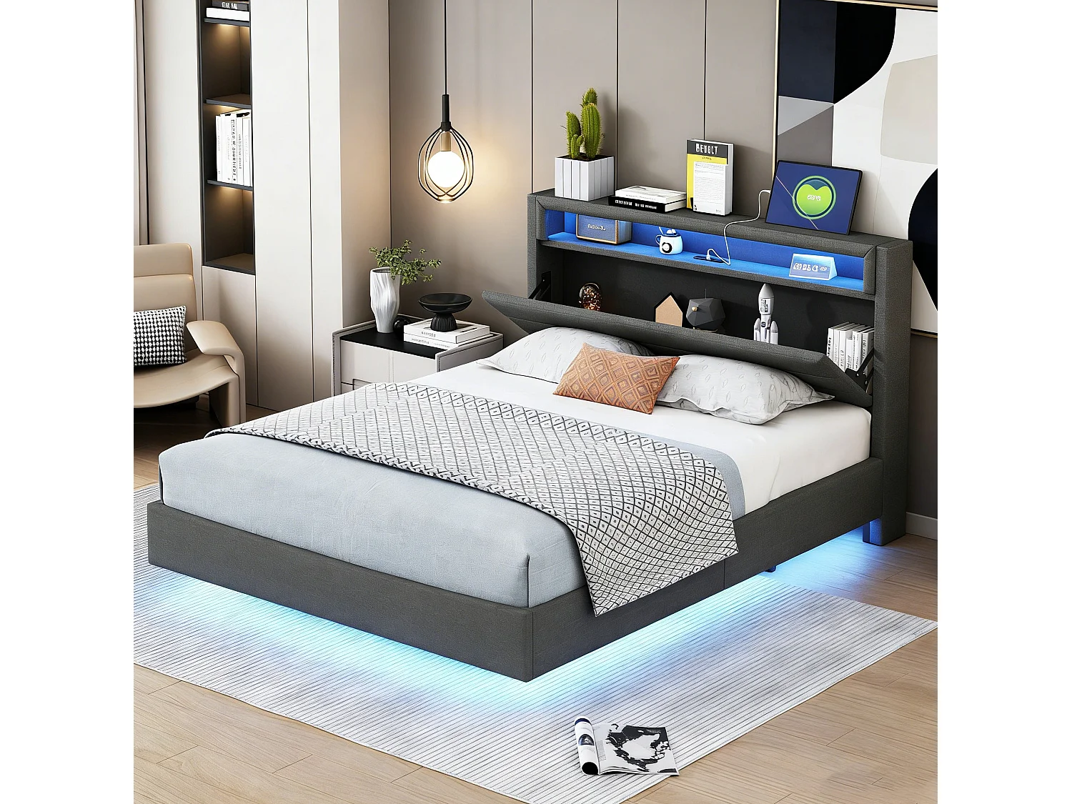 Lit coffre 140x200 cm avec tête de lit rangement, LED et USB, sommier à lattes, tissu lin gris
