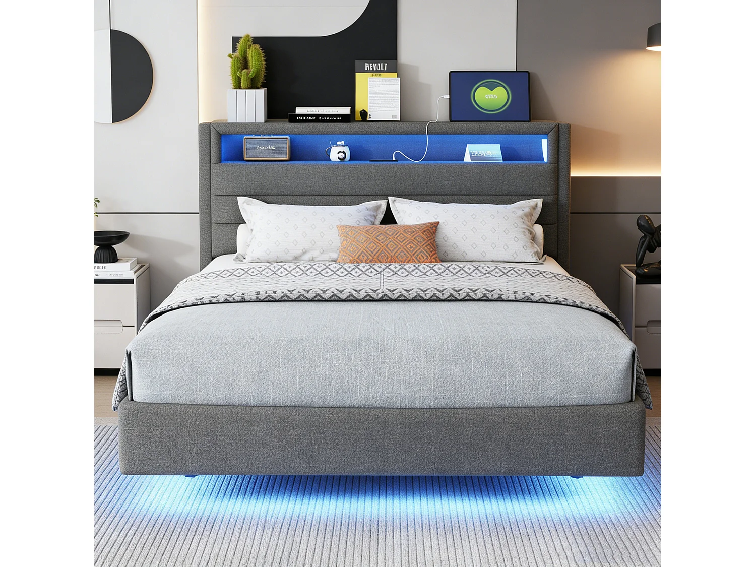 Lit coffre 140x200 cm avec tête de lit rangement, LED et USB, sommier à lattes, tissu lin gris
