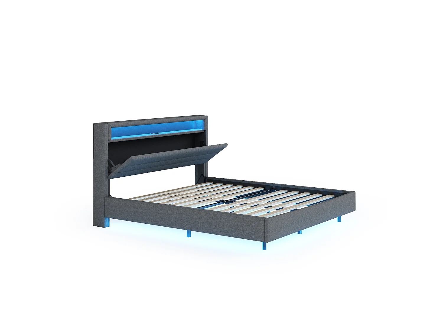 Lit coffre 140x200 cm avec tête de lit rangement, LED et USB, sommier à lattes, tissu lin gris