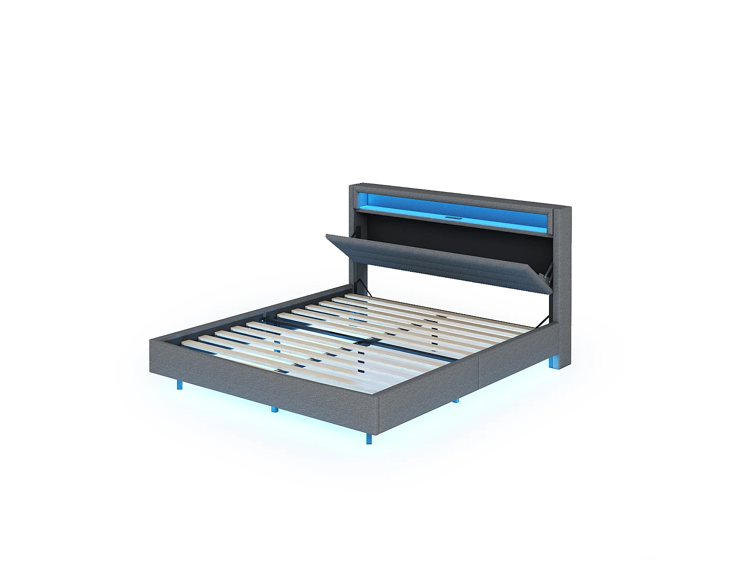 Lit coffre 140x200 cm avec tête de lit rangement, LED et USB, sommier à lattes, tissu lin gris