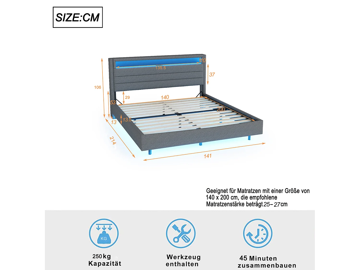 Lit coffre 140x200 cm avec tête de lit rangement, LED et USB, sommier à lattes, tissu lin gris