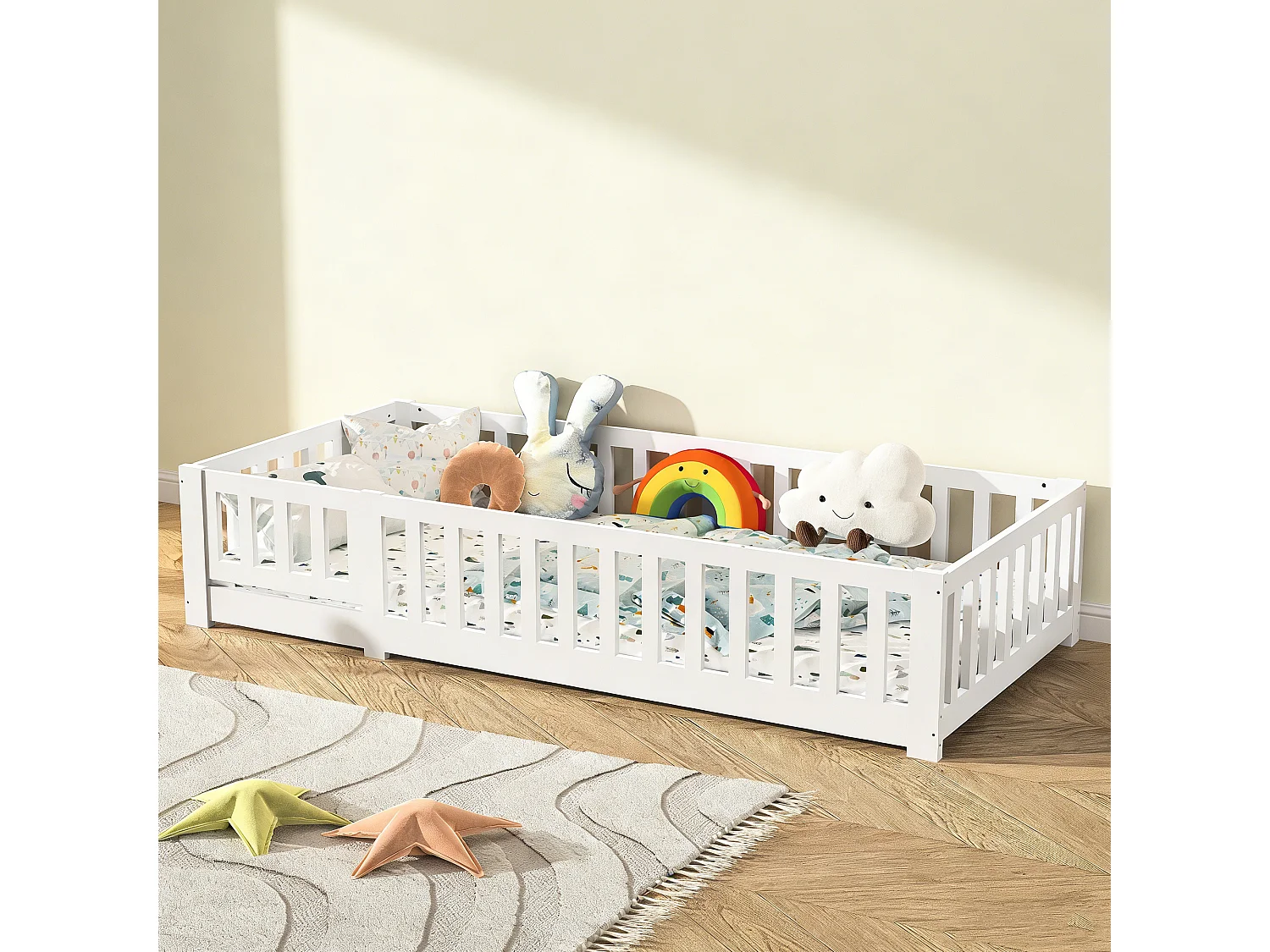 Lit enfant 90x200 cm, lit au sol en bois de pin, barrière de sécurité avec serrure, avec sommier à lattes, Blanc