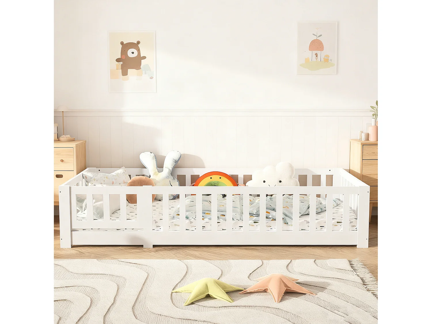 Lit enfant 90x200 cm, lit au sol en bois de pin, barrière de sécurité avec serrure, avec sommier à lattes, Blanc