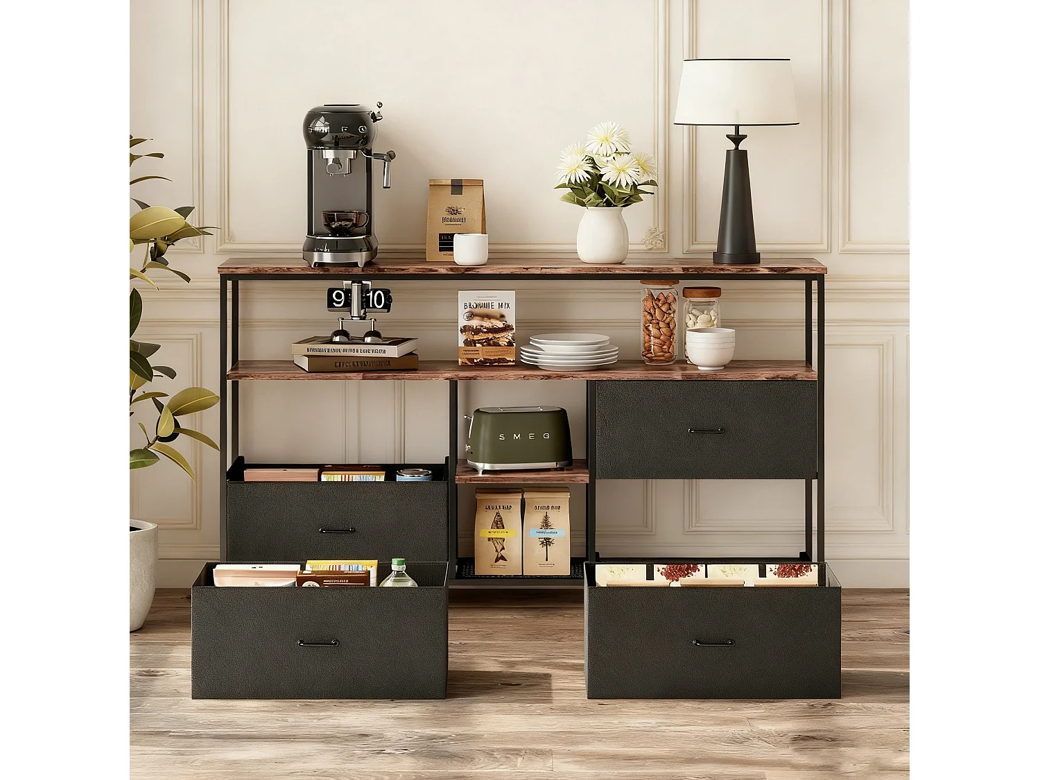 Meuble TV avec 4 tiroirs et 3 étagère - LEDs - Acier - 108x76x29 cm - Style Industriel - noir