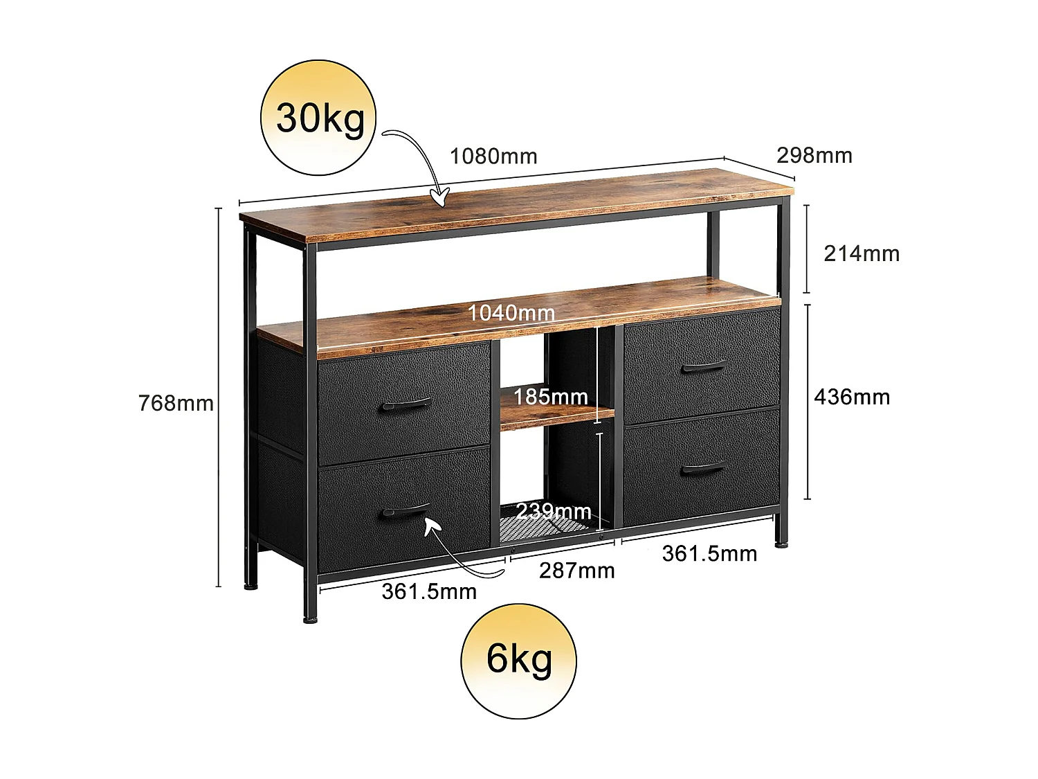 Meuble TV avec 4 tiroirs et 3 étagère - LEDs - Acier - 108x76x29 cm - Style Industriel - noir