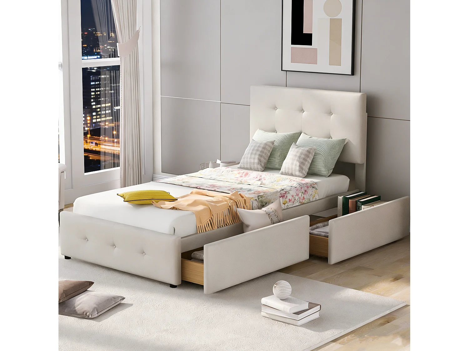 lit une  place 90x200 cm avec sommier à latte, lit simple 90x200 avec tiroirs rembourré, capitonné en tissu velours, beige