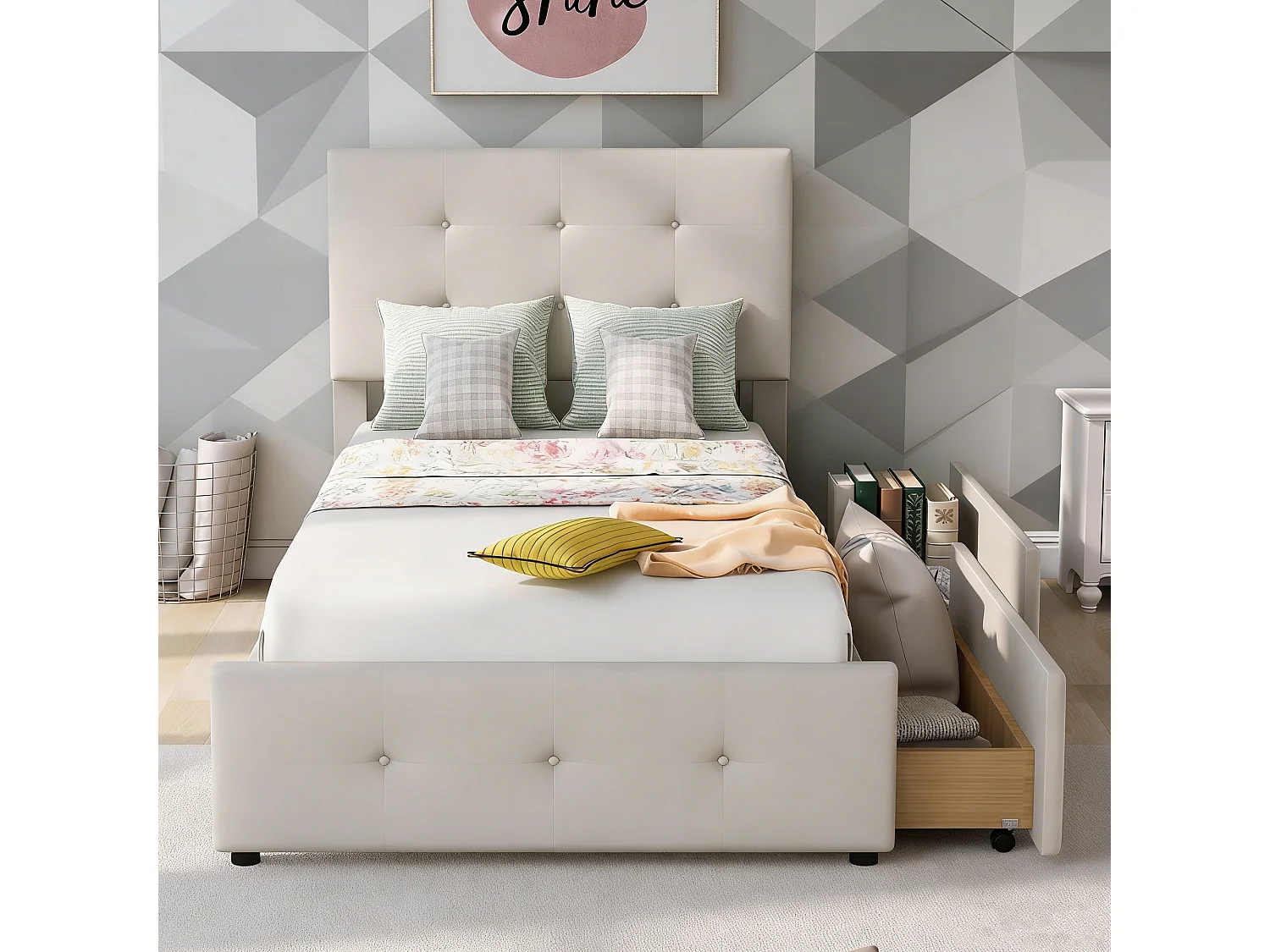 lit une  place 90x200 cm avec sommier à latte, lit simple 90x200 avec tiroirs rembourré, capitonné en tissu velours, beige