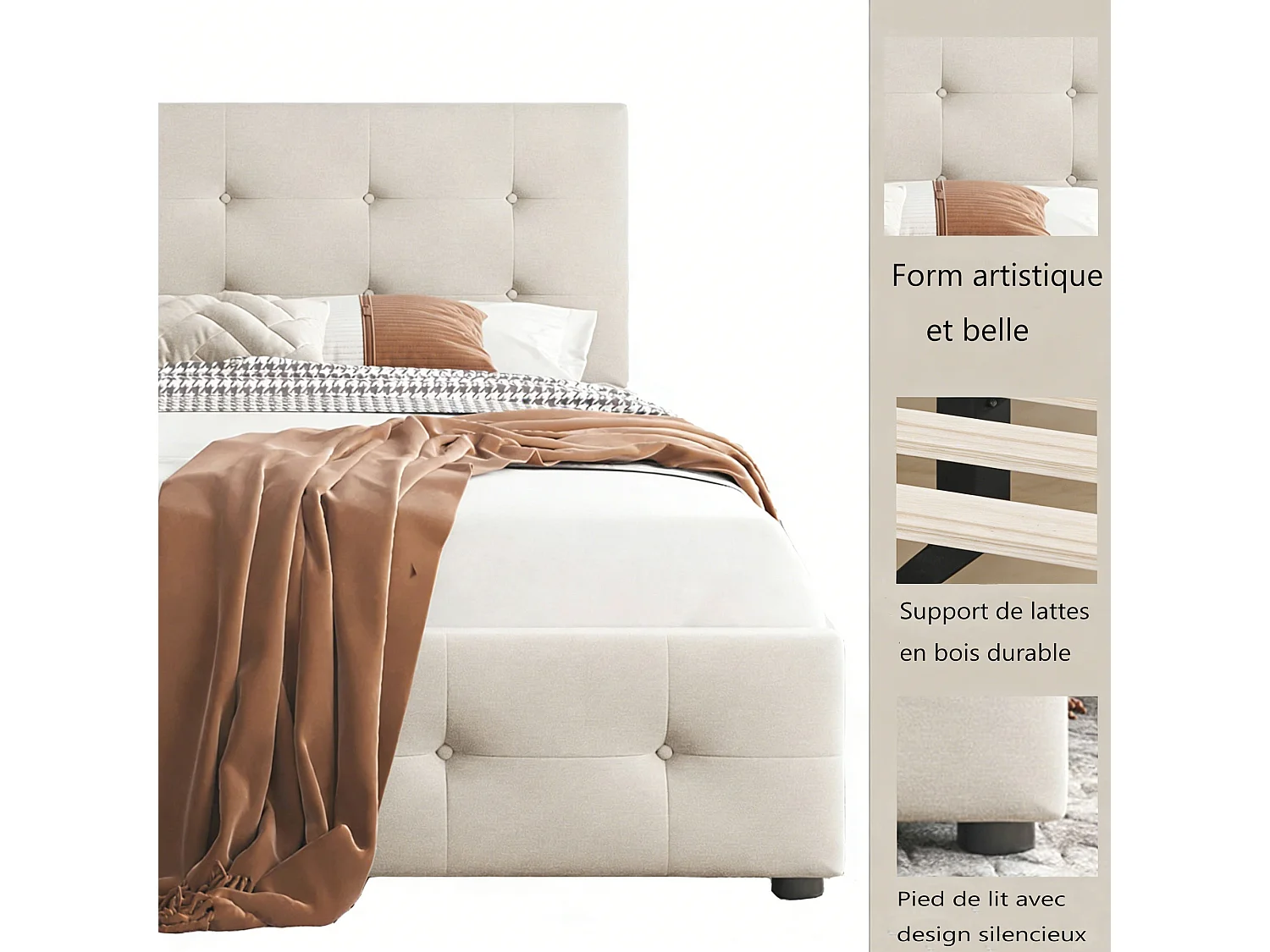 lit une  place 90x200 cm avec sommier à latte, lit simple 90x200 avec tiroirs rembourré, capitonné en tissu velours, beige