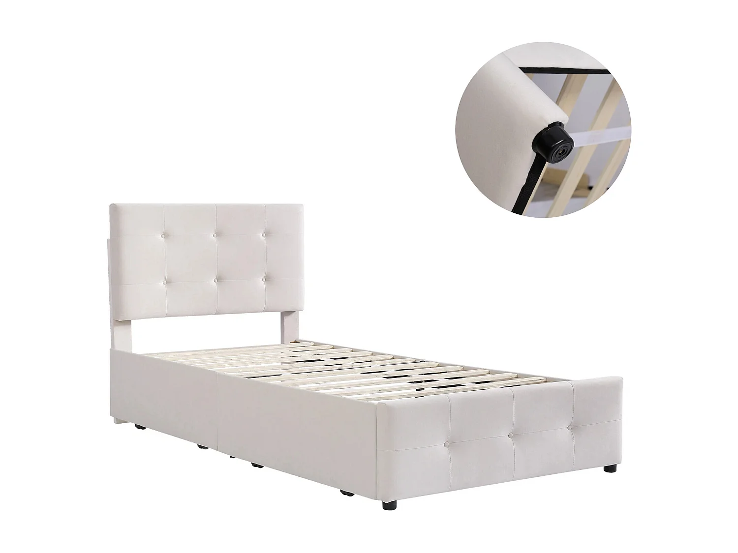 lit une  place 90x200 cm avec sommier à latte, lit simple 90x200 avec tiroirs rembourré, capitonné en tissu velours, beige