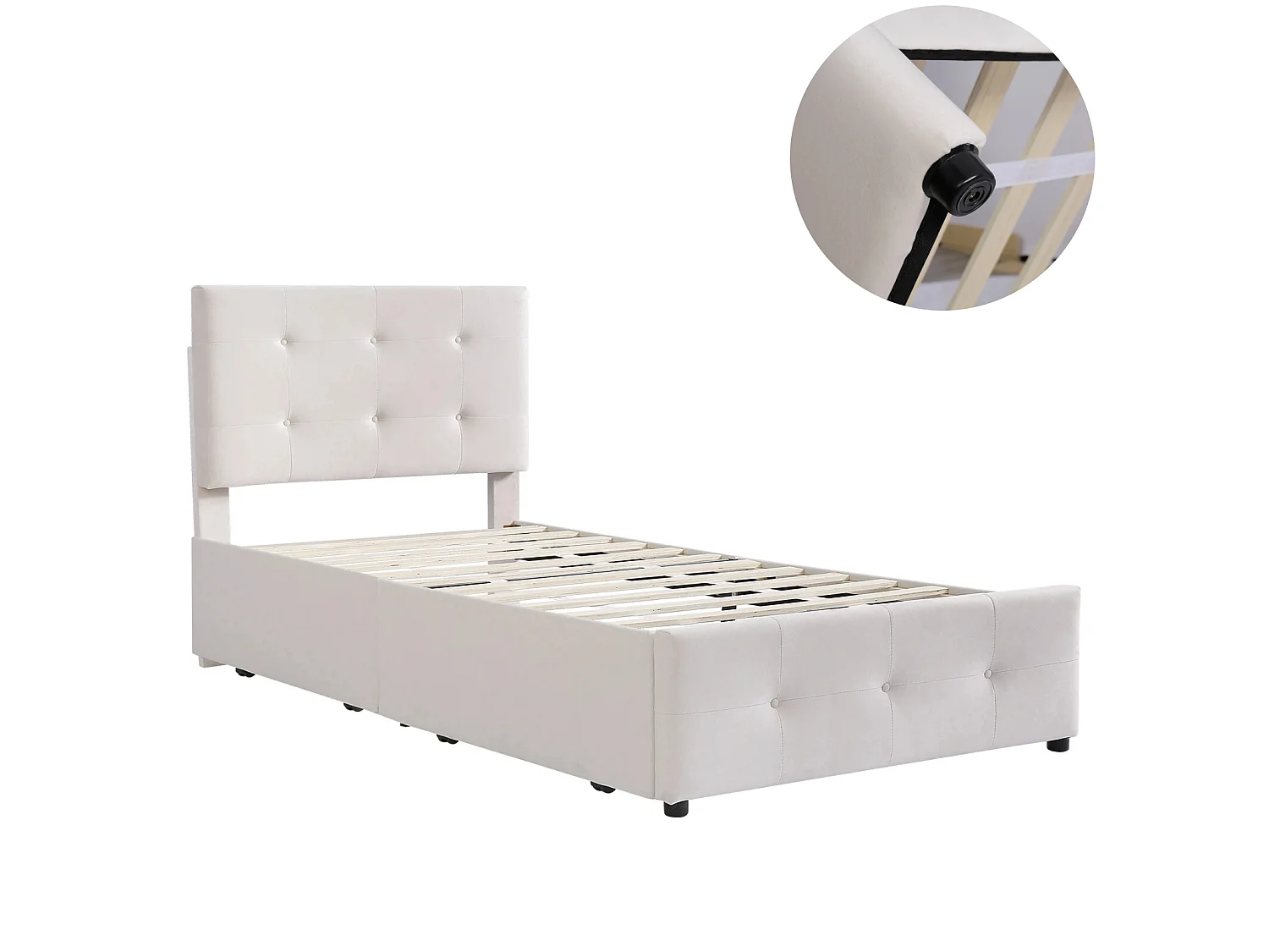 Lit 1 place 90x200 cm avec tiroirs, sommier à lattes, cadre rembourré capitonné en velours beige