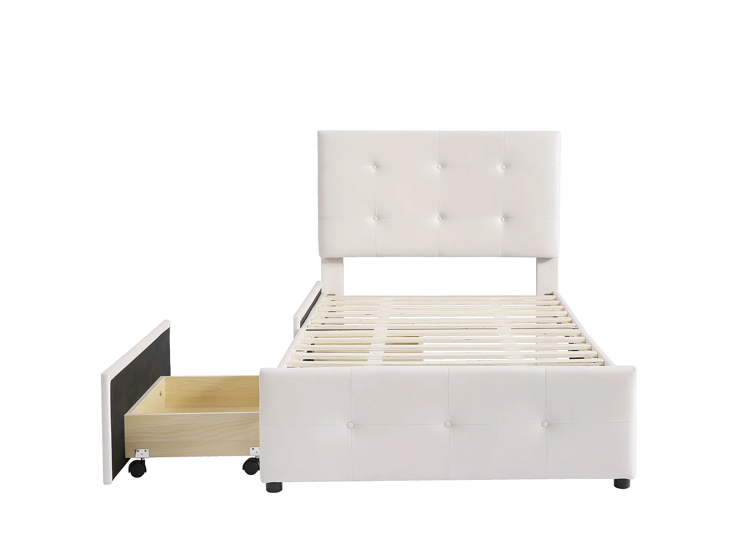 Lit 1 place 90x200 cm avec tiroirs, sommier à lattes, cadre rembourré capitonné en velours beige
