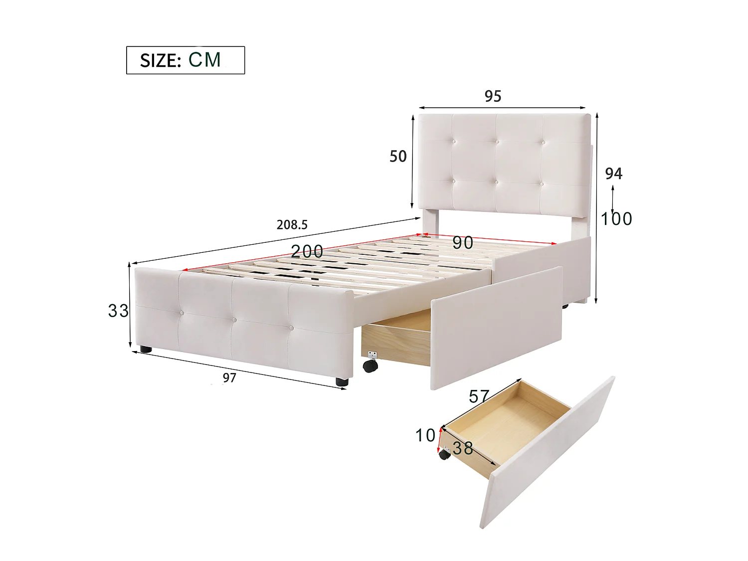 Lit 1 place 90x200 cm avec tiroirs, sommier à lattes, cadre rembourré capitonné en velours beige