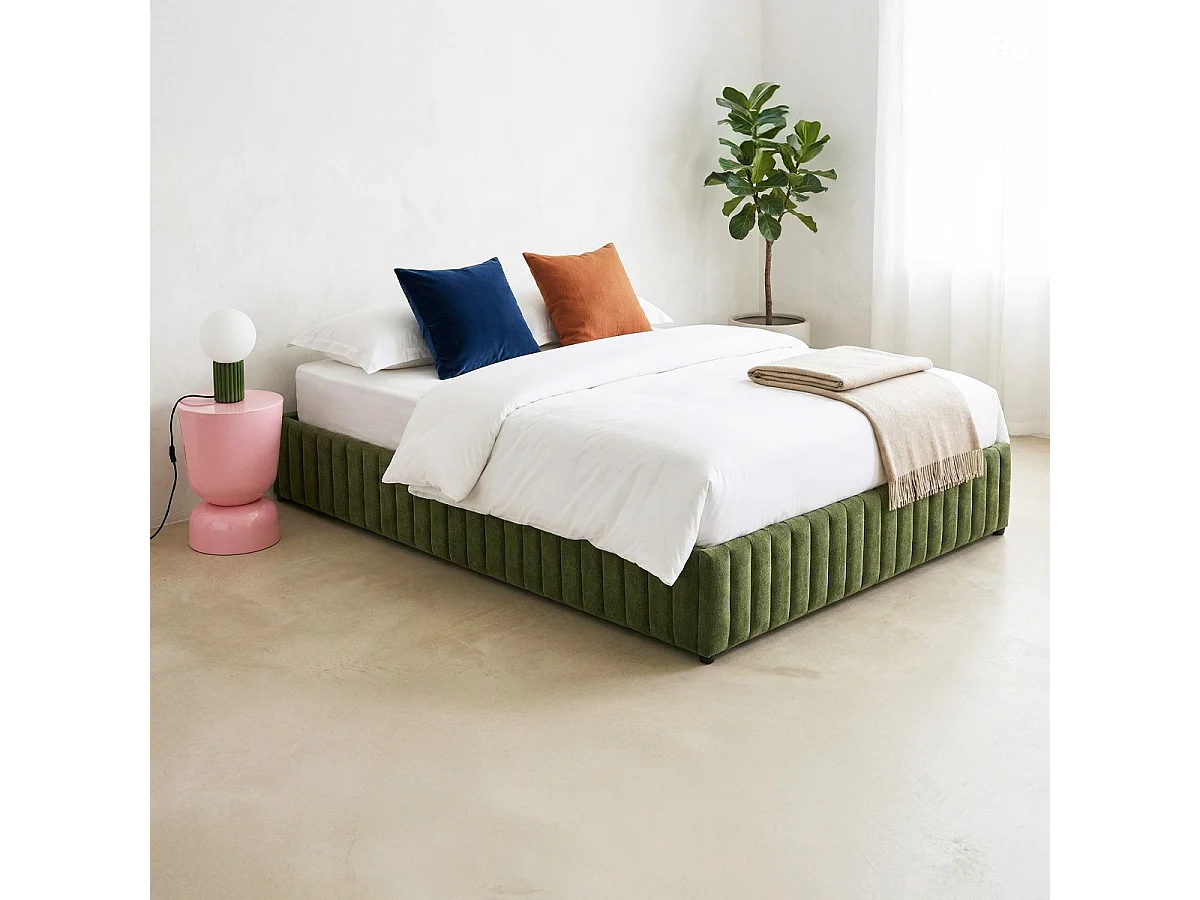 Lit coffre adulte 160x200 cm en tissu chenille vert kaki - Balto