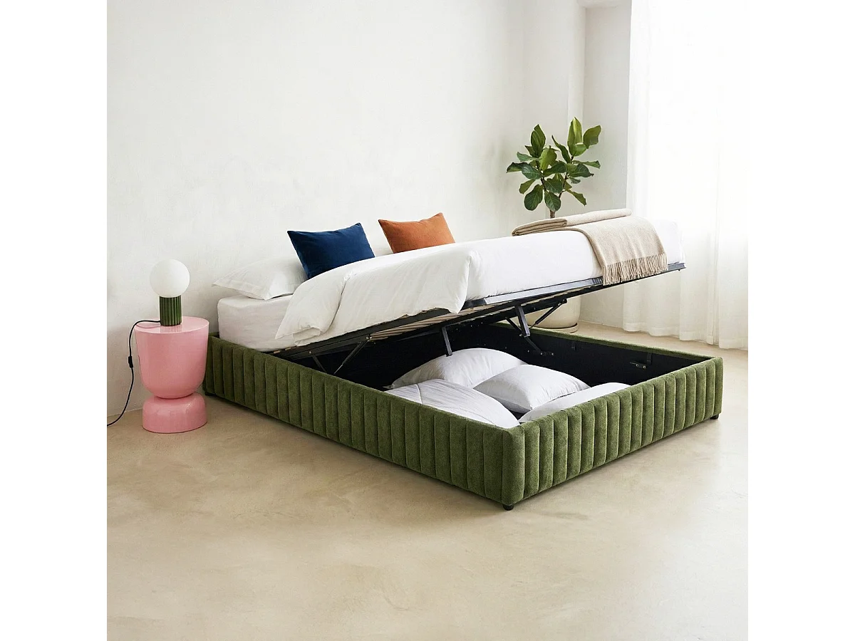 Lit coffre adulte 160x200 cm en tissu chenille vert kaki - Balto