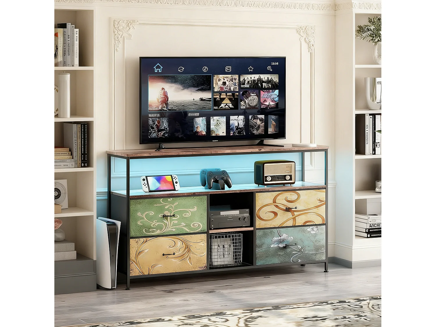 TV-meubel met 4 lades en 3 planken - LED - MDF en staal - 108x76x29 cm - kleurrijk