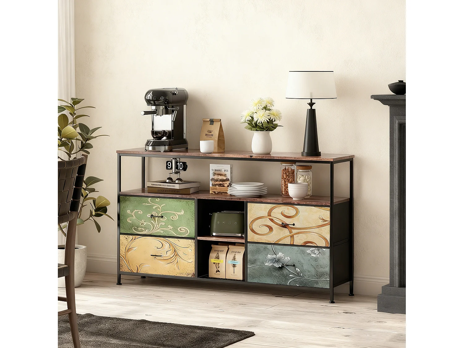 TV-meubel met 4 lades en 3 planken - LED - MDF en staal - 108x76x29 cm - kleurrijk