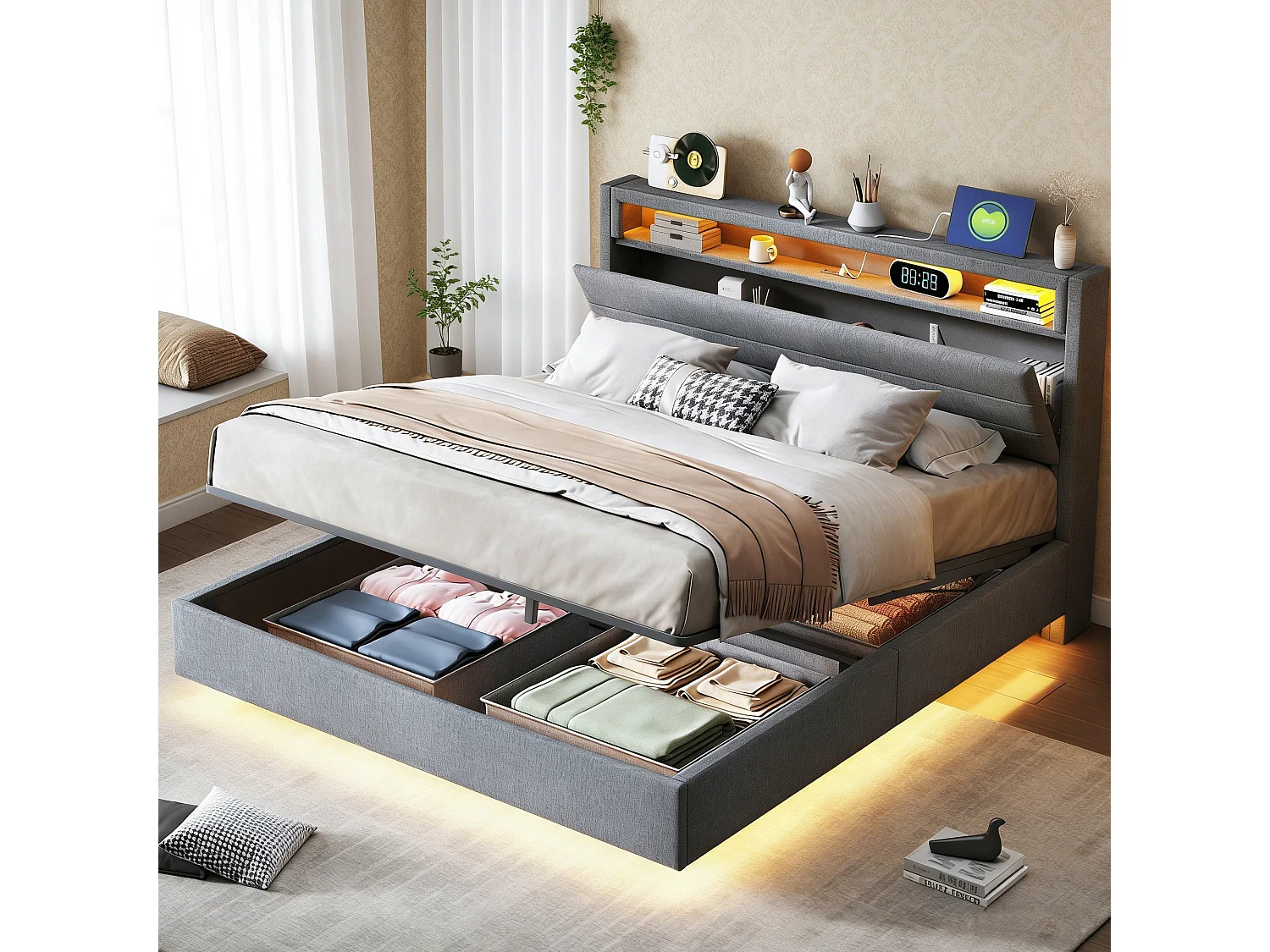 Lit coffre capitonné 140 x 200 cm, sommier à Lattes,rembourré tête de lit rangement, LED et USB, lit flottant 140x200 tissu lin, gris