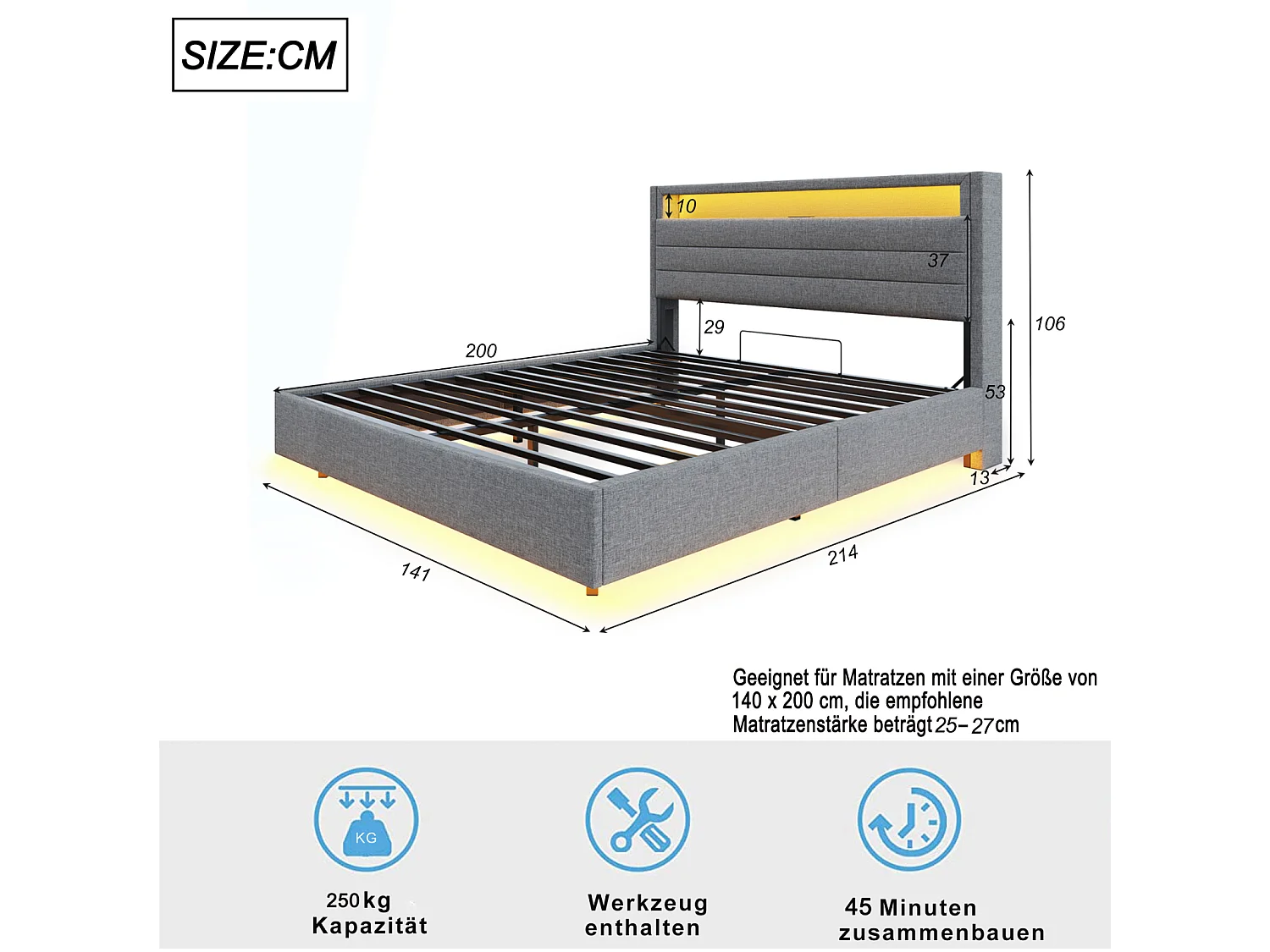 Lit coffre flottant 140x200 cm avec tête de lit capitonnée, rangement, LED et USB, sommier à lattes, tissu lin gris