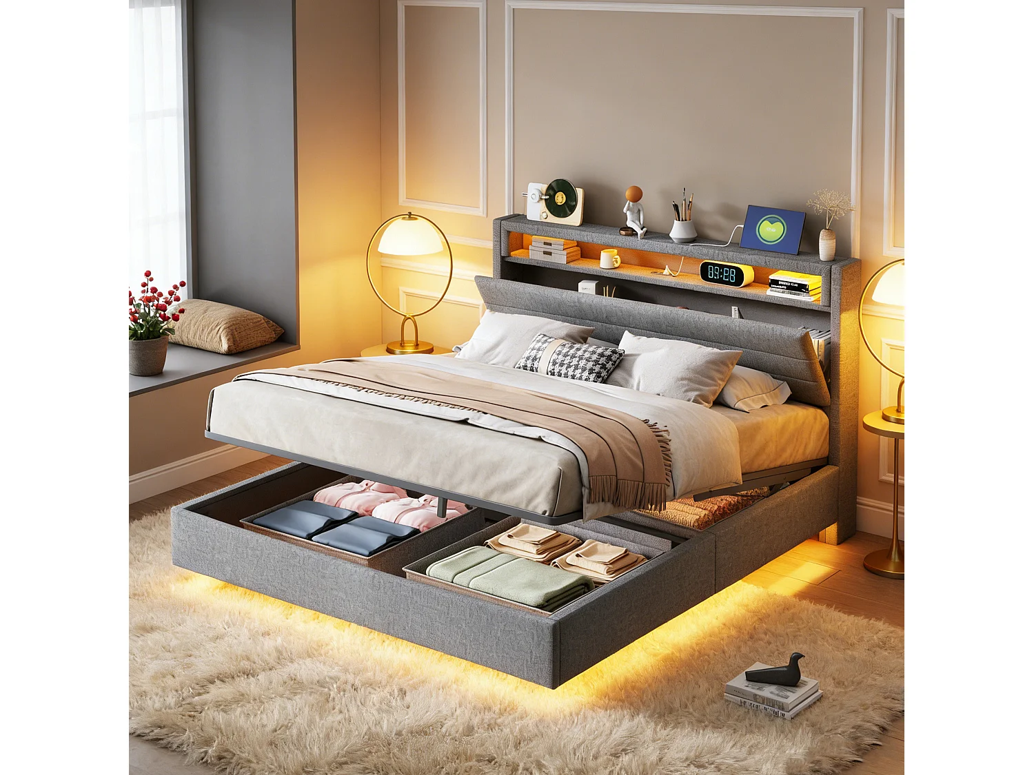 Lit coffre capitonné 160 x 200 cm, sommier à Lattes,  rembourré tête de lit rangement, LED et USB, lit flottant 160x200 tissu lin, gris