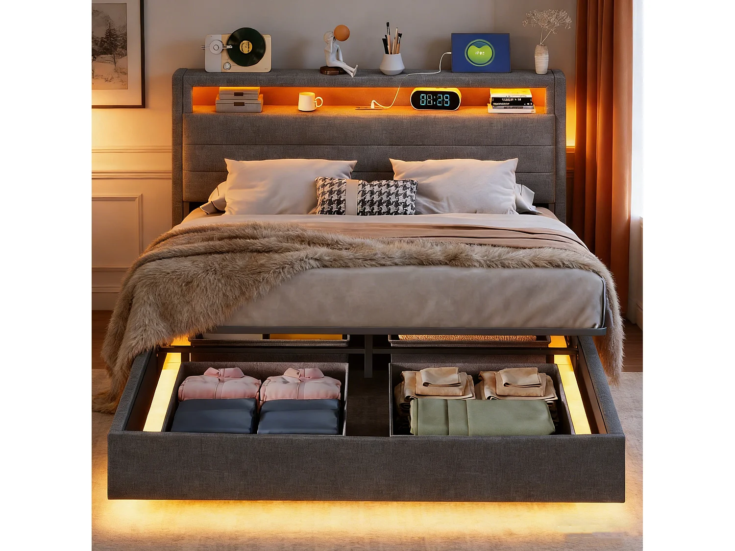 Lit coffre capitonné 160 x 200 cm, sommier à Lattes,  rembourré tête de lit rangement, LED et USB, lit flottant 160x200 tissu lin, gris