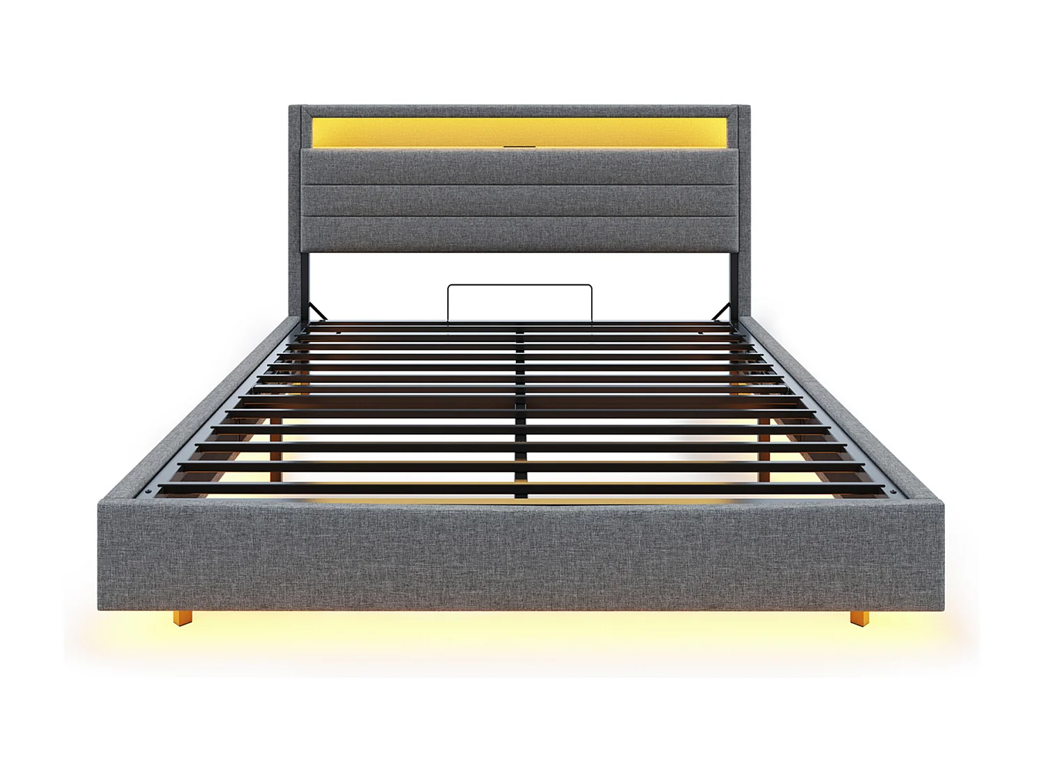 Lit coffre capitonné 160 x 200 cm, sommier à Lattes,  rembourré tête de lit rangement, LED et USB, lit flottant 160x200 tissu lin, gris