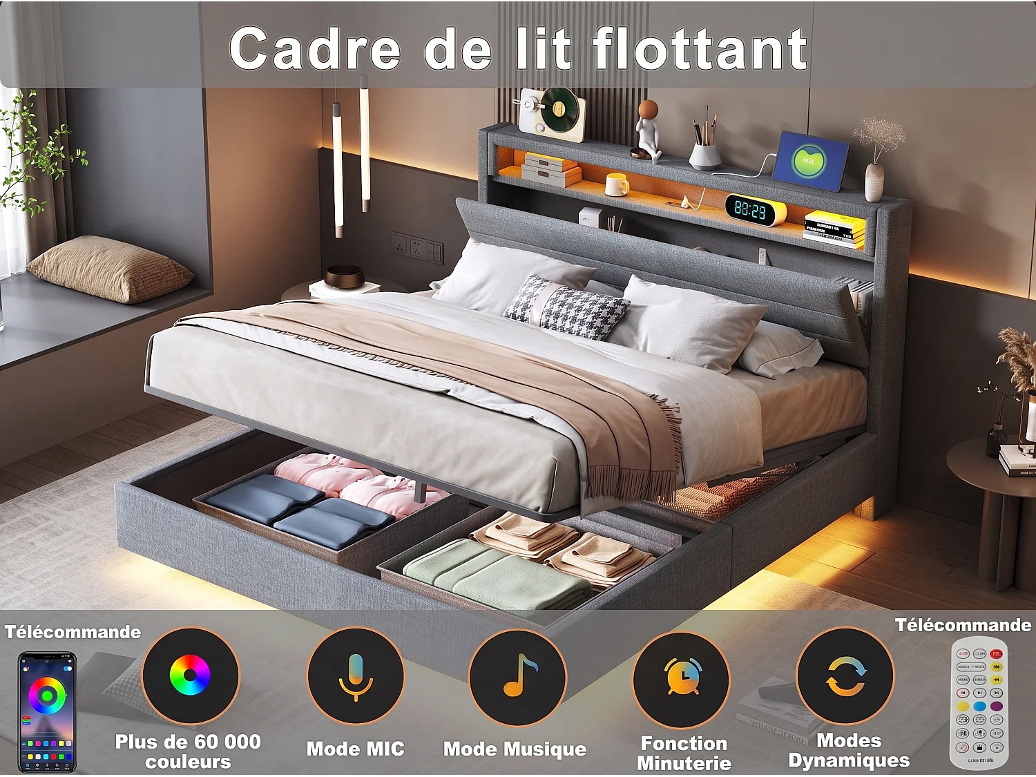 Lit coffre flottant 160x200 cm avec tête de lit capitonnée, rangement, LED et USB, sommier à lattes en lin gris
