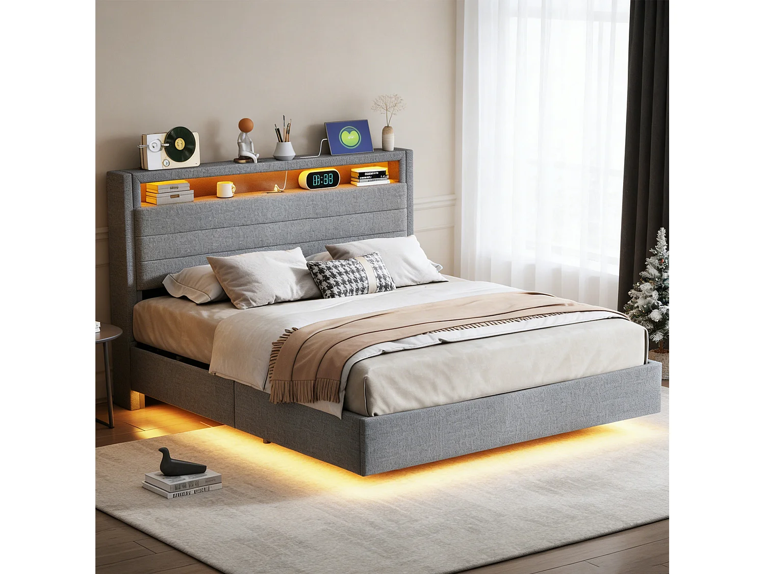 Lit coffre flottant 160x200 cm avec tête de lit capitonnée, rangement, LED et USB, sommier à lattes en lin gris