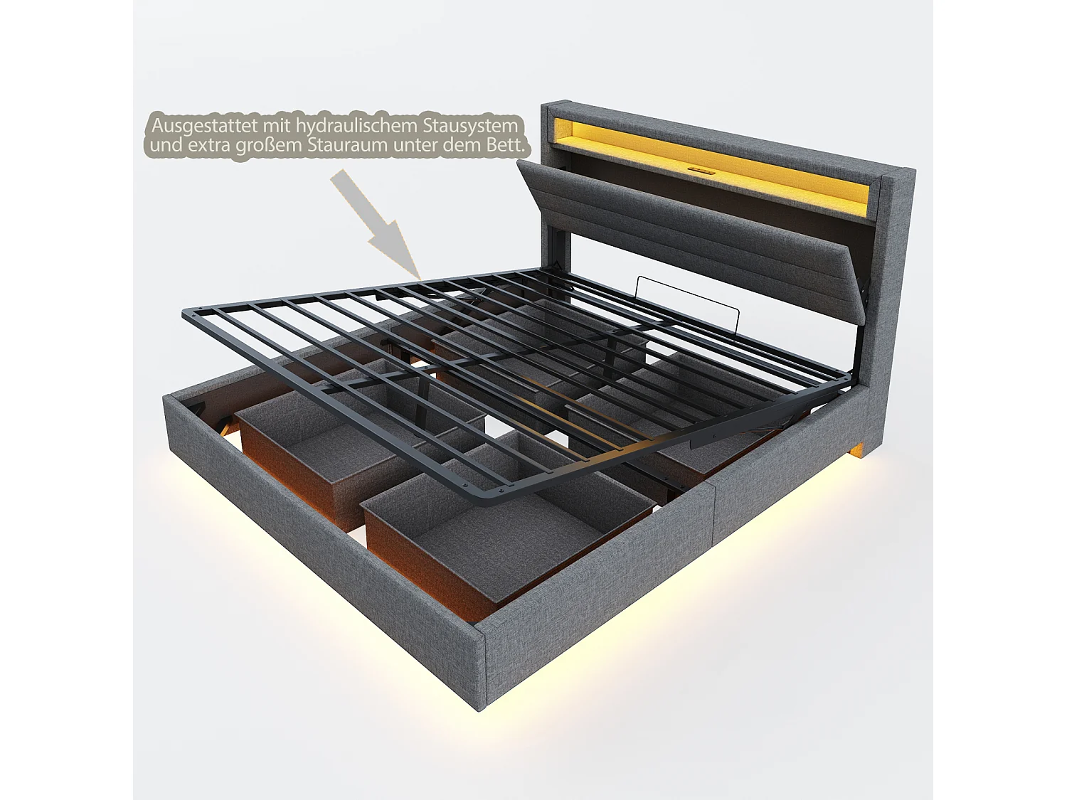 Lit coffre flottant 160x200 cm avec tête de lit capitonnée, rangement, LED et USB, sommier à lattes en lin gris