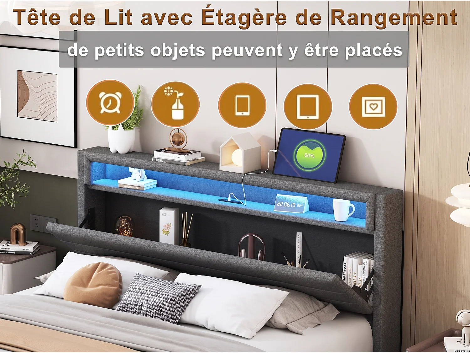Lit coffre flottant 160x200 cm avec tête de lit capitonnée, rangement, LED et USB, sommier à lattes en lin gris
